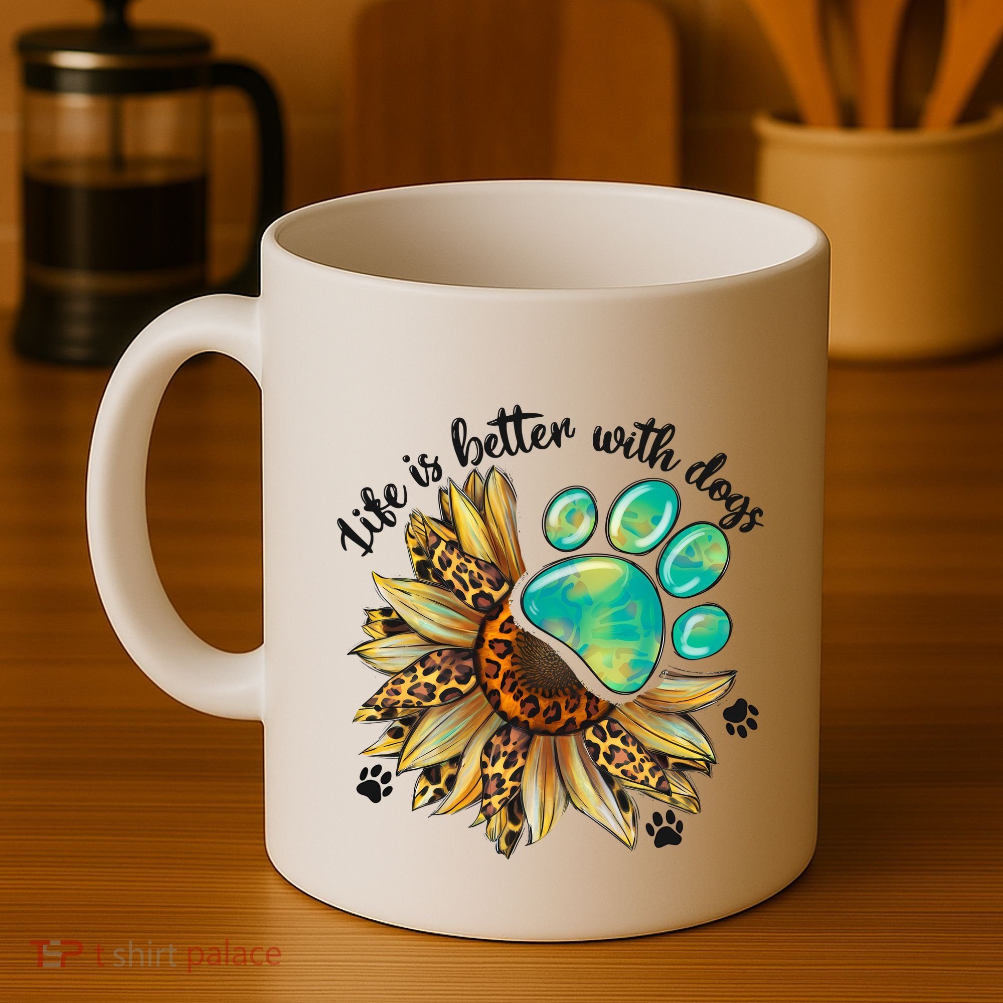 Life Is Better With Dogs’ Sublimation Featuring Dog Paws & Western Sunflowers Coffee Mug