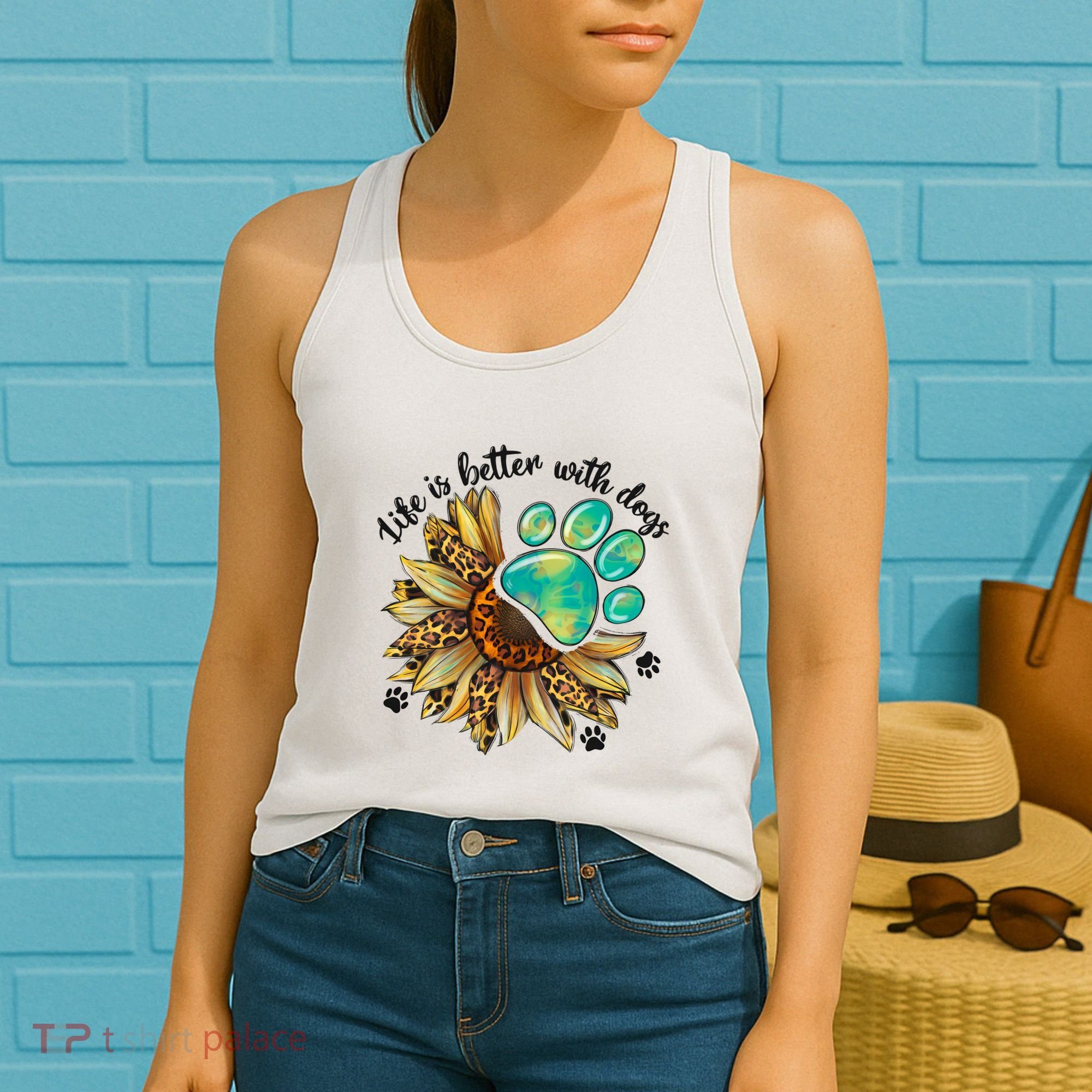 Life Is Better With Dogs’ Sublimation Featuring Dog Paws & Western Sunflowers Women's Tank Top