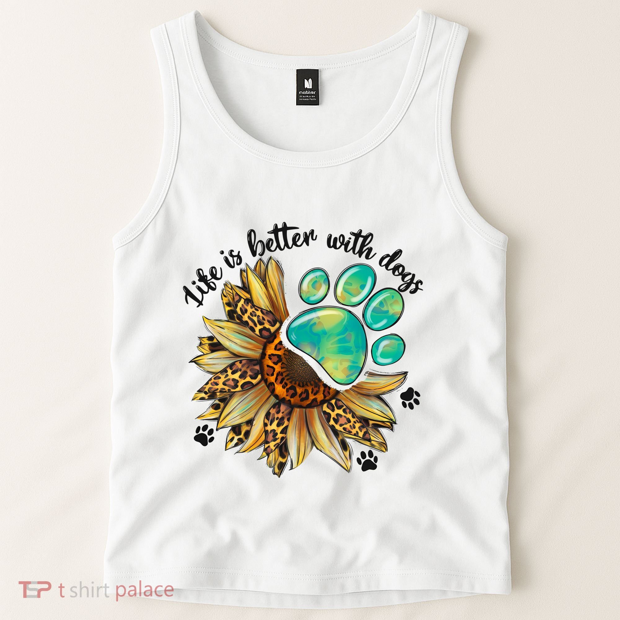 Life Is Better With Dogs’ Sublimation Featuring Dog Paws & Western Sunflowers Tank Top