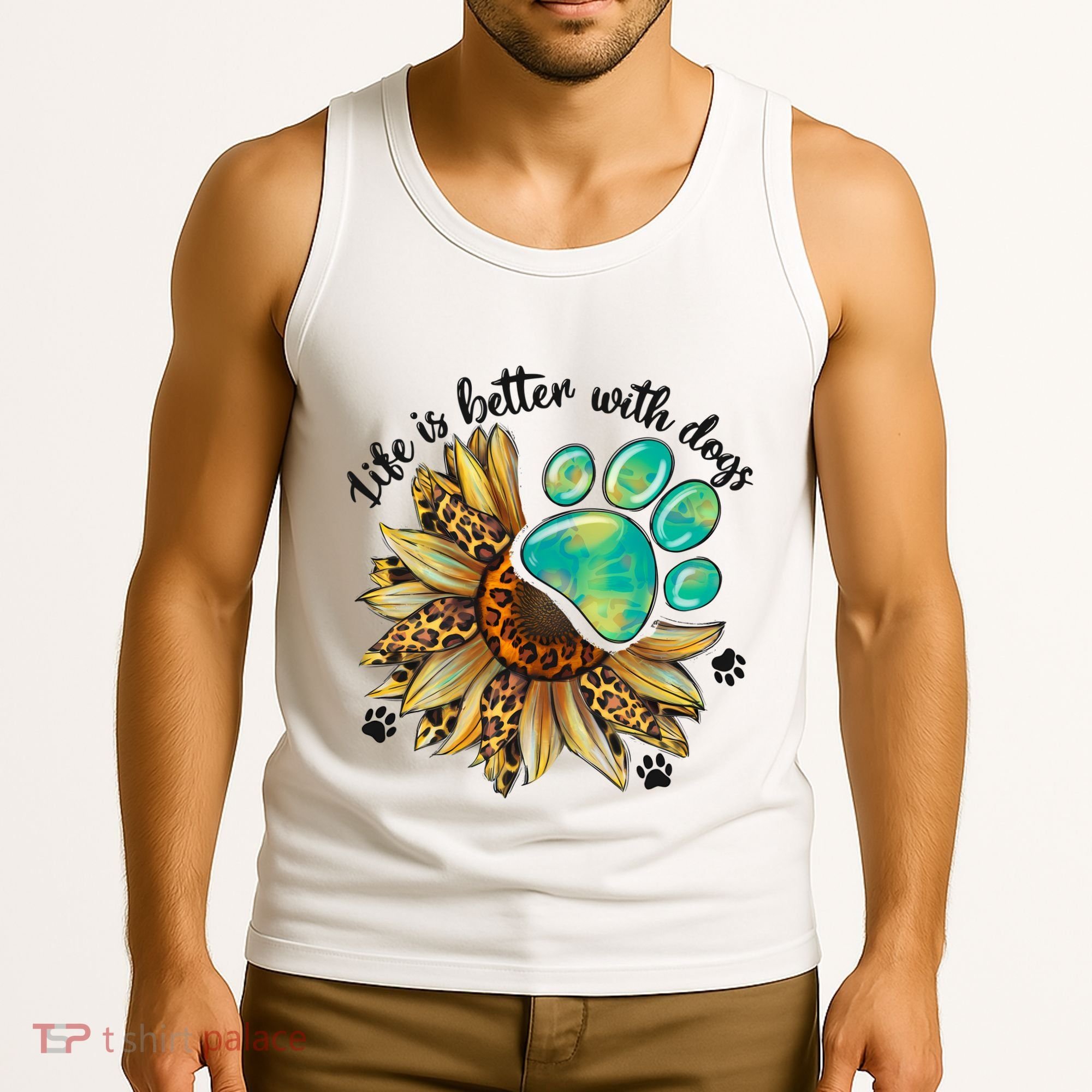 Life Is Better With Dogs’ Sublimation Featuring Dog Paws & Western Sunflowers Tank Top