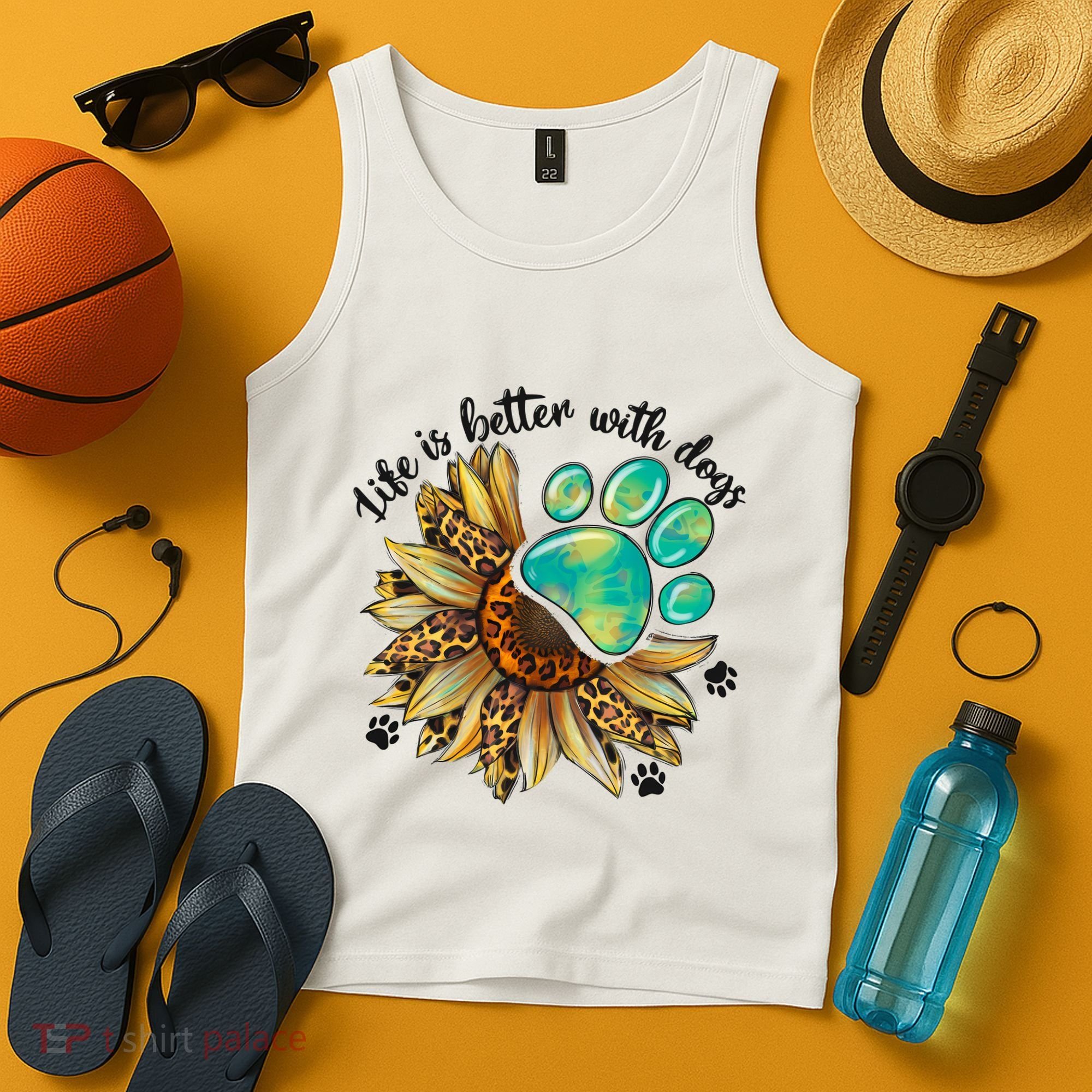 Life Is Better With Dogs’ Sublimation Featuring Dog Paws & Western Sunflowers Tank Top