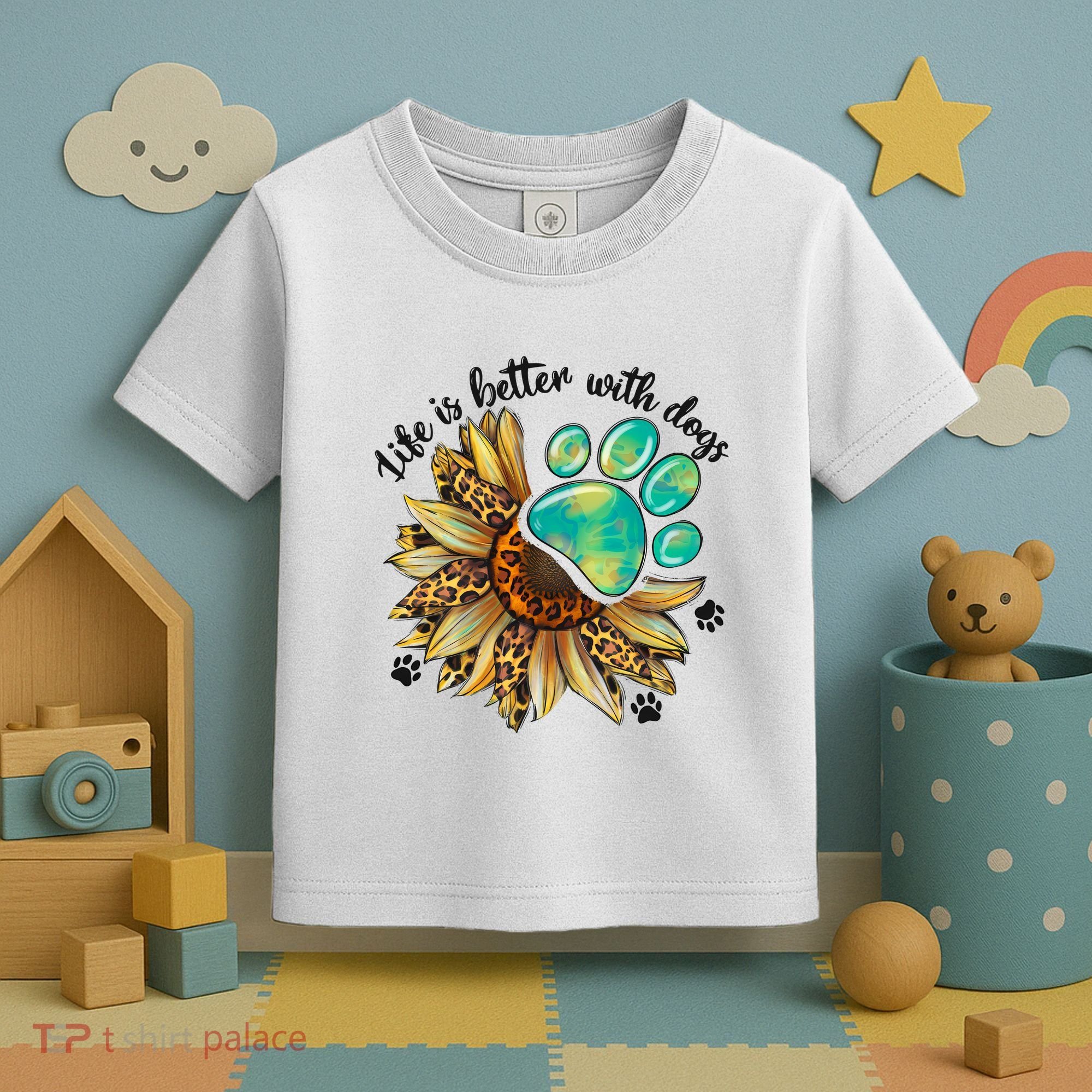 Life Is Better With Dogs’ Sublimation Featuring Dog Paws & Western Sunflowers Toddler T-Shirt