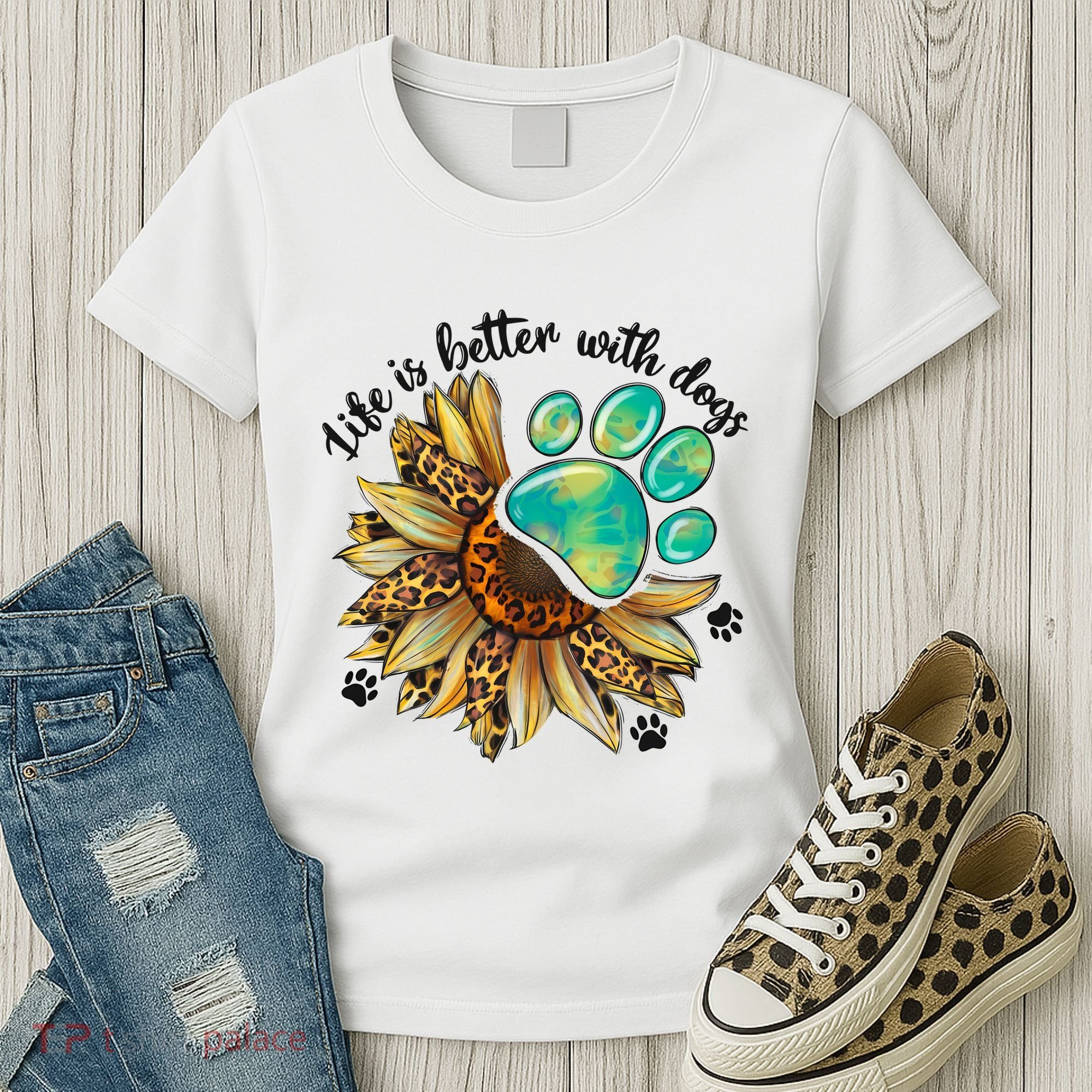 Life Is Better With Dogs’ Sublimation Featuring Dog Paws & Western Sunflowers Women's T-Shirt