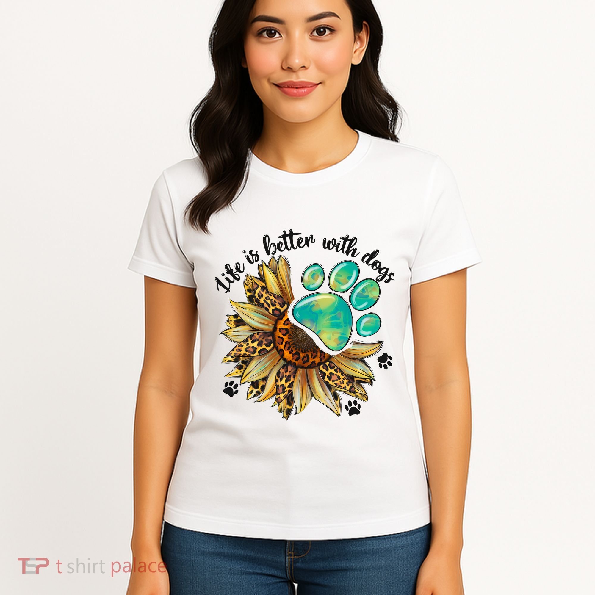 Life Is Better With Dogs’ Sublimation Featuring Dog Paws & Western Sunflowers Women's T-Shirt