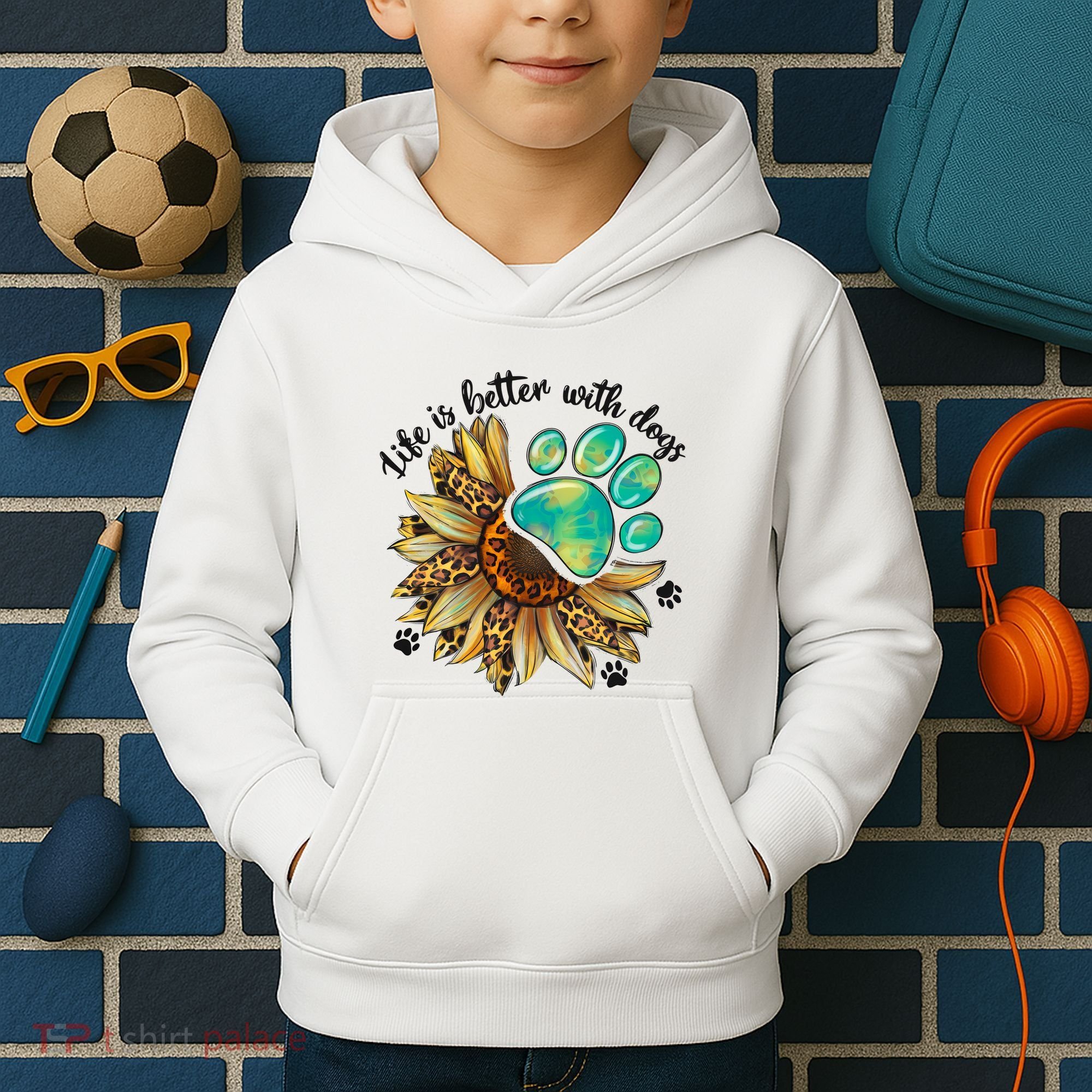 Life Is Better With Dogs’ Sublimation Featuring Dog Paws & Western Sunflowers Kids Hoodie