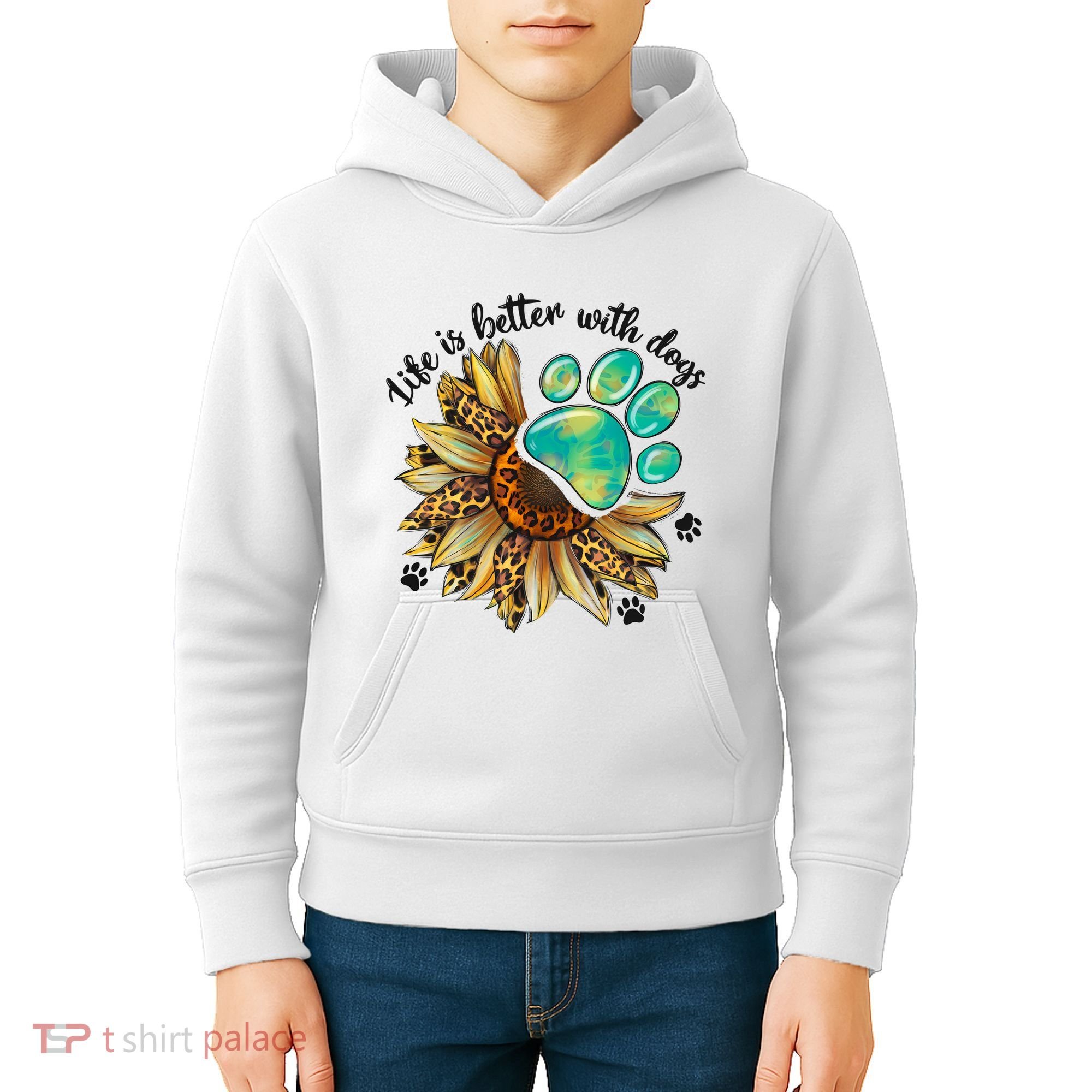 Life Is Better With Dogs’ Sublimation Featuring Dog Paws & Western Sunflowers Kids Hoodie