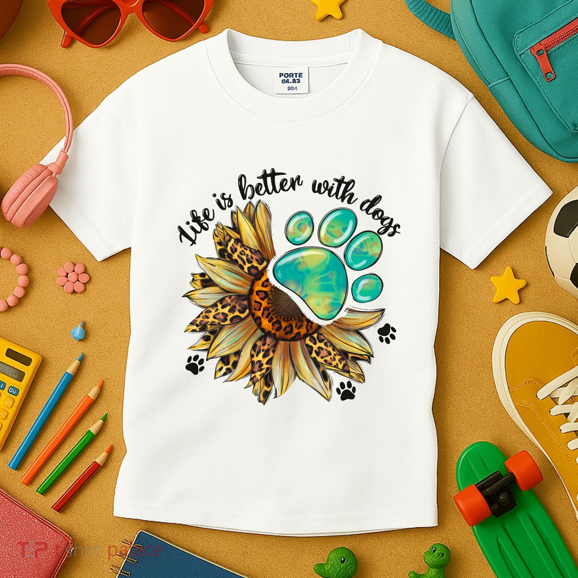 Life Is Better With Dogs’ Sublimation Featuring Dog Paws & Western Sunflowers Kids T-Shirt