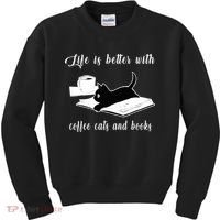 Life Is Better With Coffee Cats And Books Cat Lover T Kids Sweatshirt thumb 0