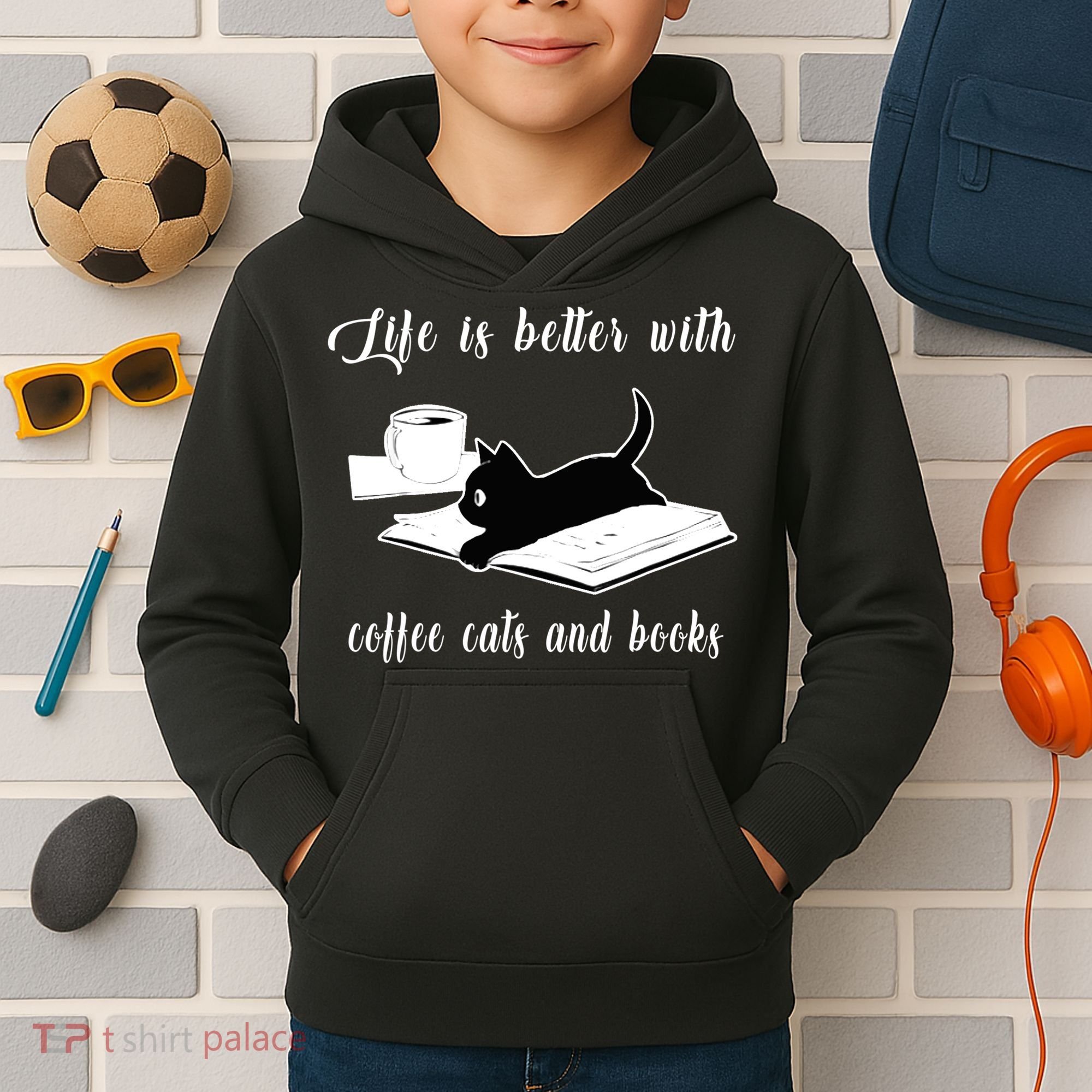 Life Is Better With Coffee Cats And Books Cat Lover T Kids Hoodie