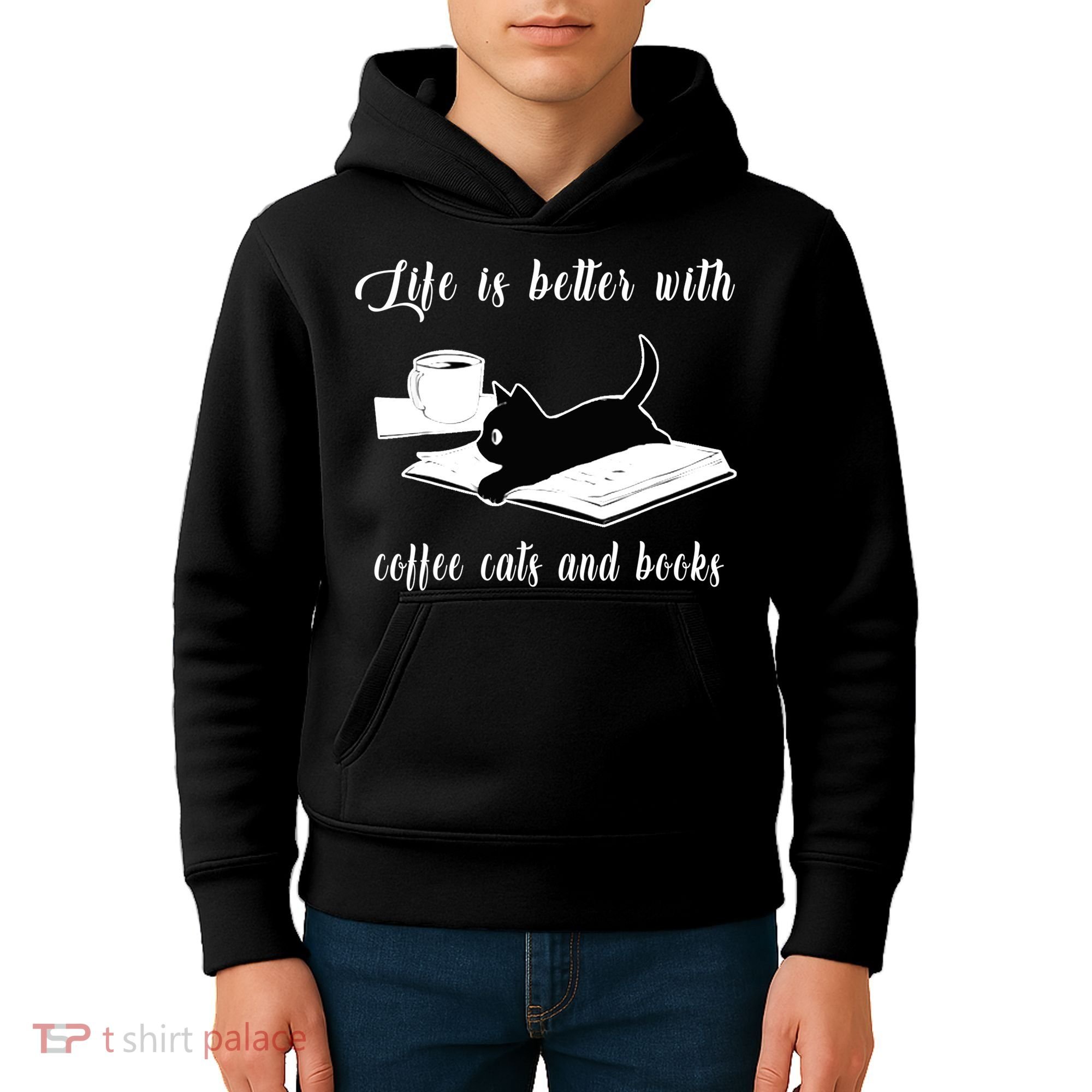 Life Is Better With Coffee Cats And Books Cat Lover TShirt Kids Hoodie