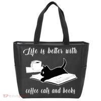 Life Is Better With Coffee Cats And Books Cat Lover TShirt Tote Bag thumb 0