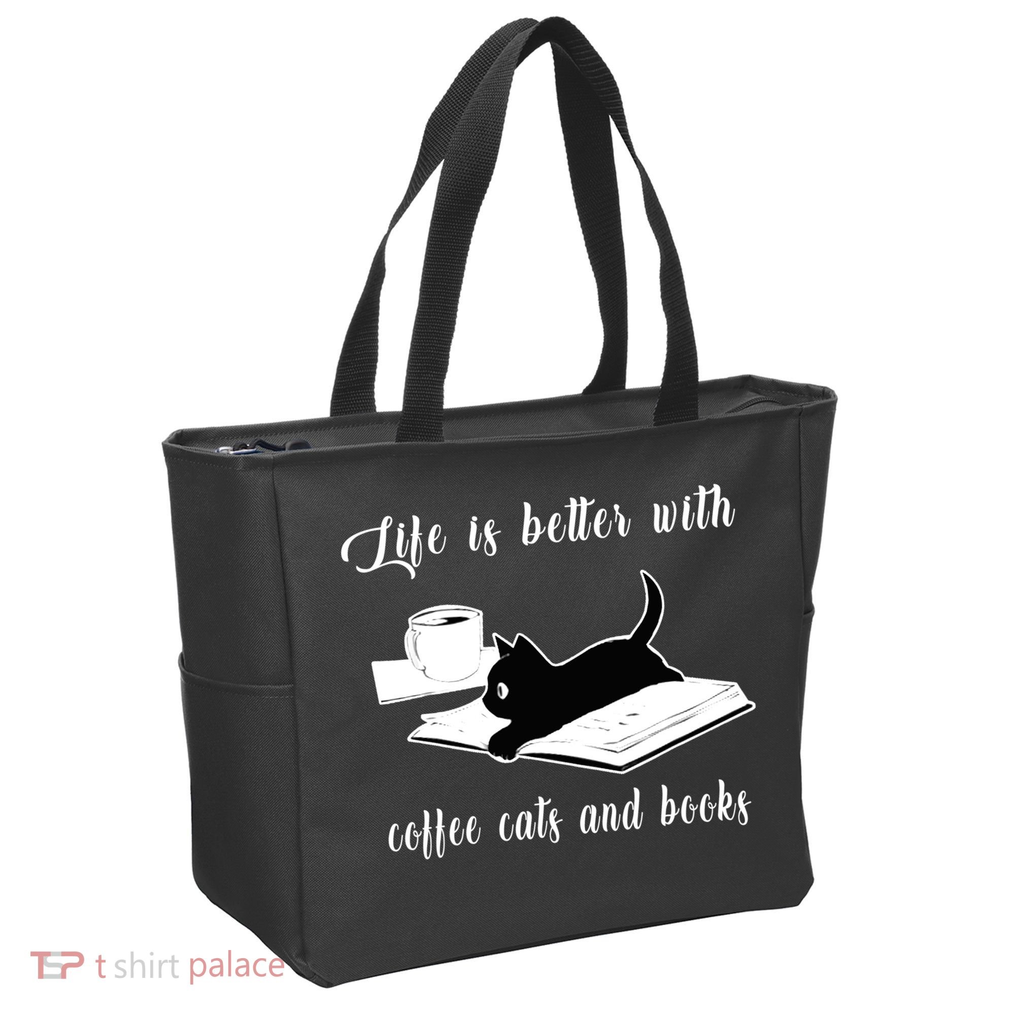 Life Is Better With Coffee Cats And Books Cat Lover TShirt Tote Bag