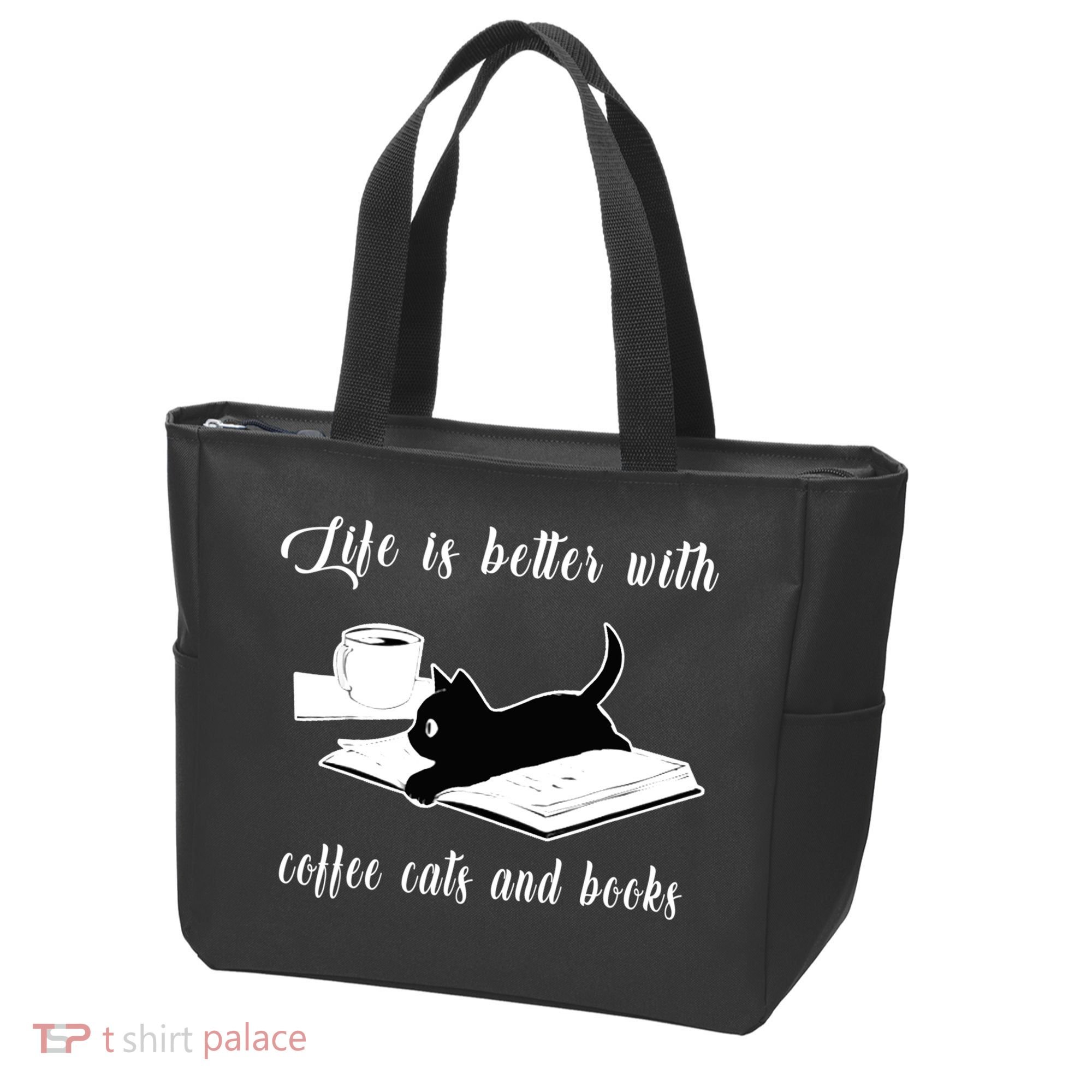 Life Is Better With Coffee Cats And Books Cat Lover TShirt Tote Bag