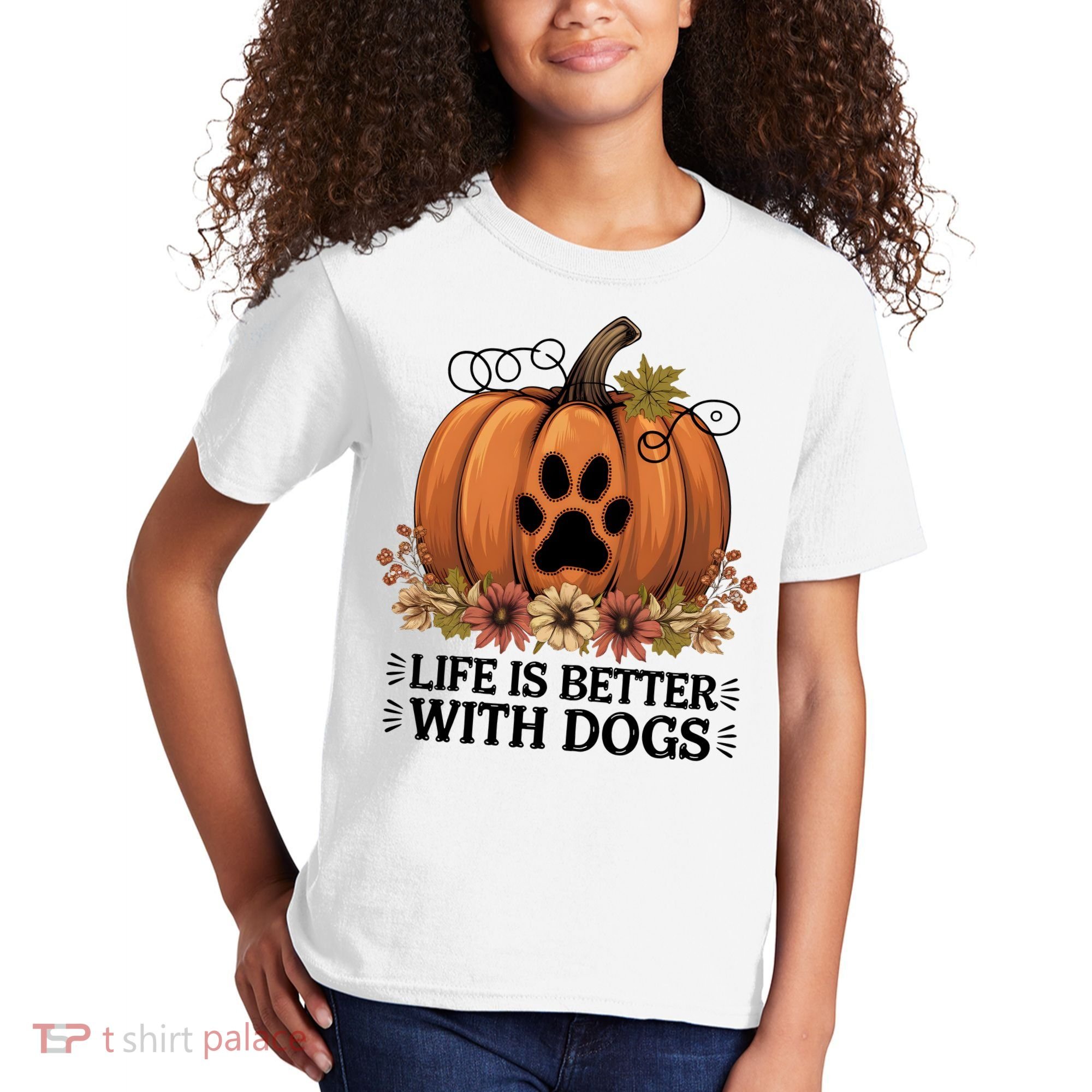 Life Is Better With Dogs Fall Pumpkins Kids T-Shirt