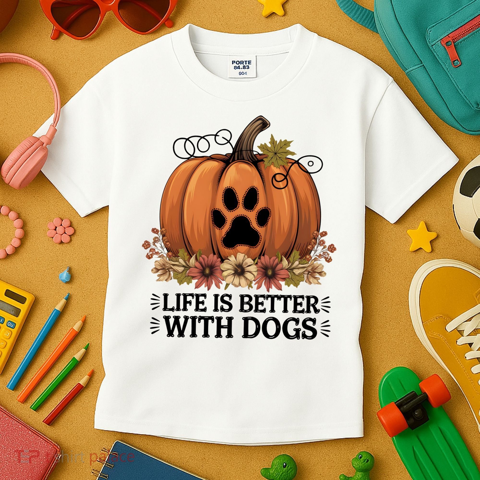 Life Is Better With Dogs Fall Pumpkins Kids T-Shirt