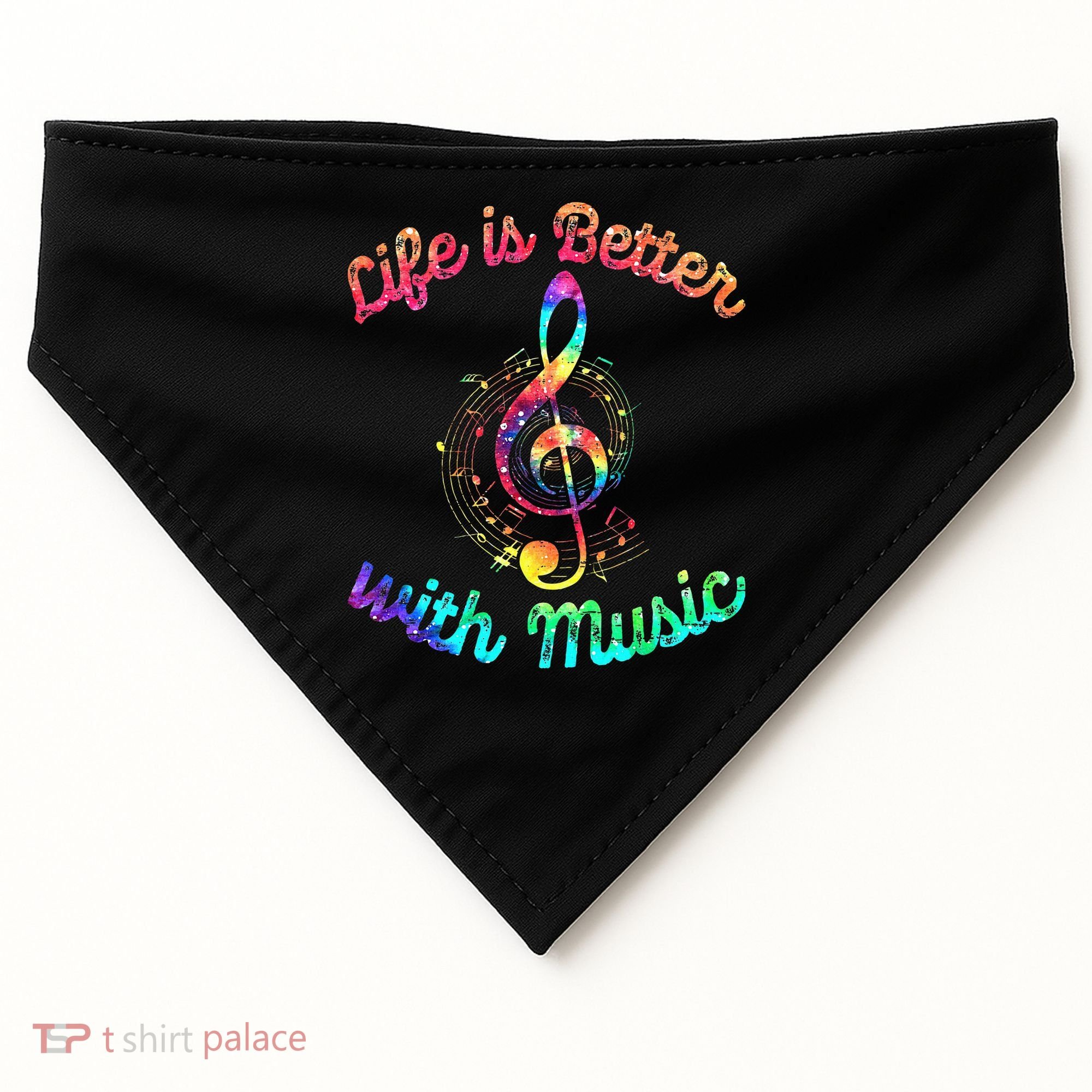 Life Is Better With Music Notes Symbol Tie Dye Musician USA-Made Doggie Bandana