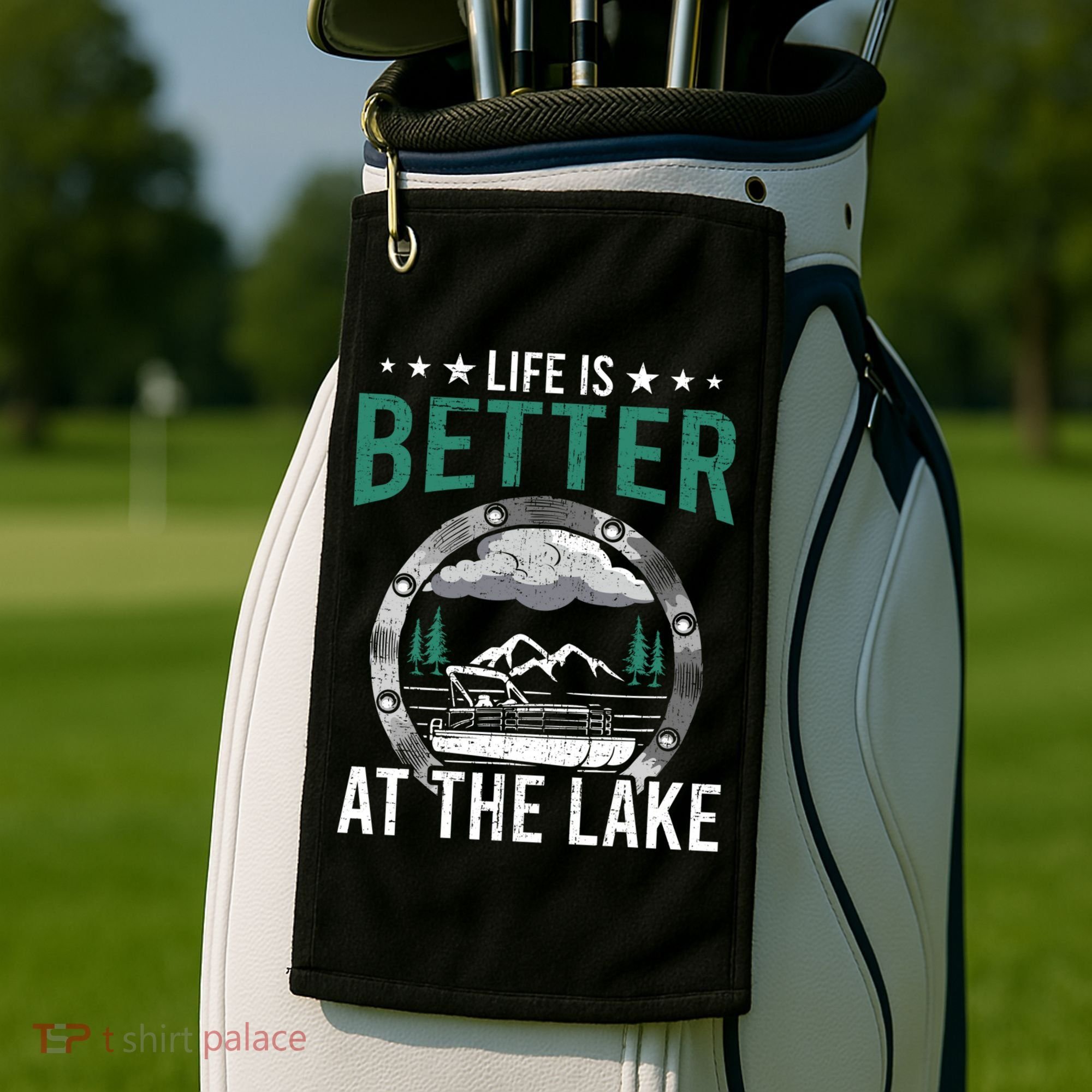 Life Is Better At The Lake Pontoon Boat Pontooning Gift Golf Towel