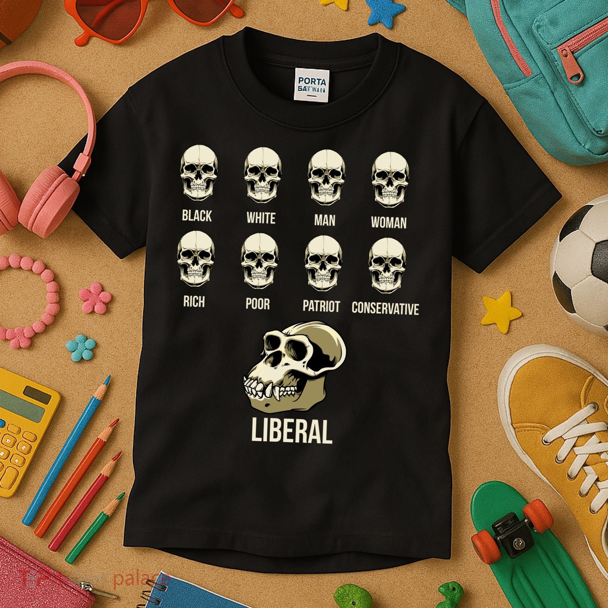 Liberal Monkey Black White Man Woman Rich Poor Patriot Conservative Kids T-Shirt