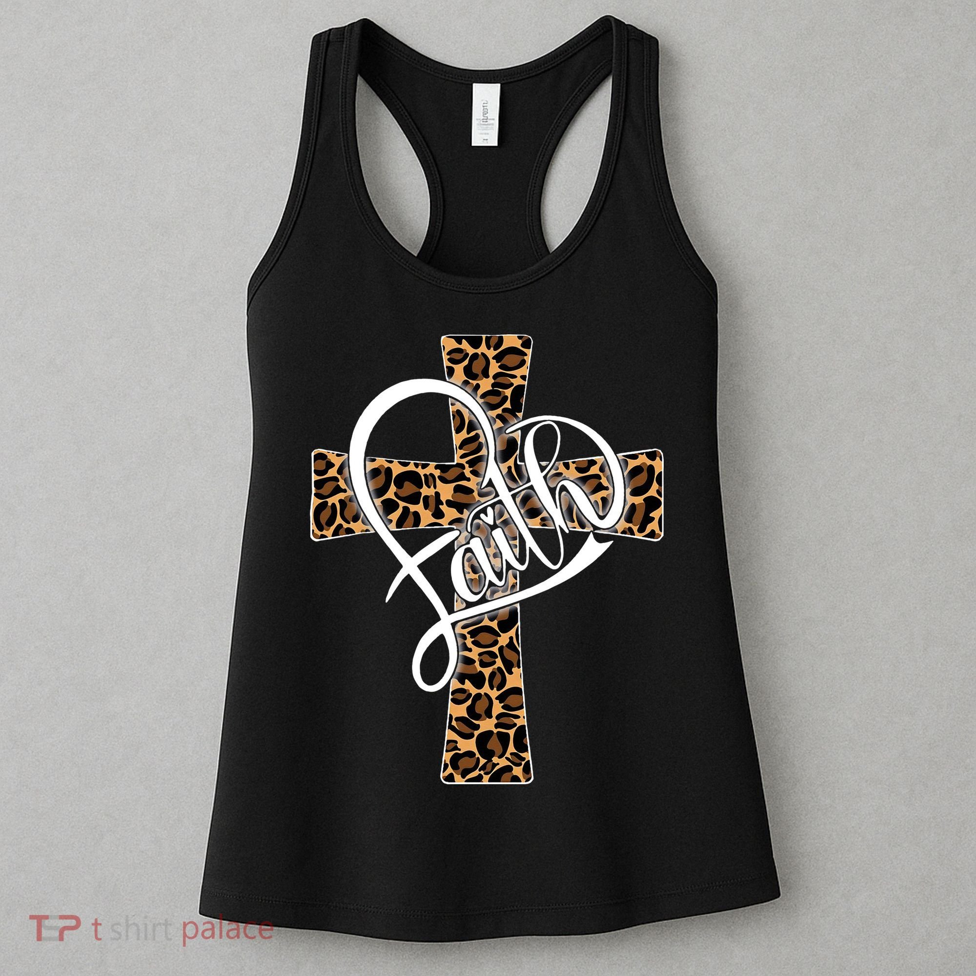 Love In Faith Tees Christian Religious Leopard Cheetah Cross Women's Tank Top
