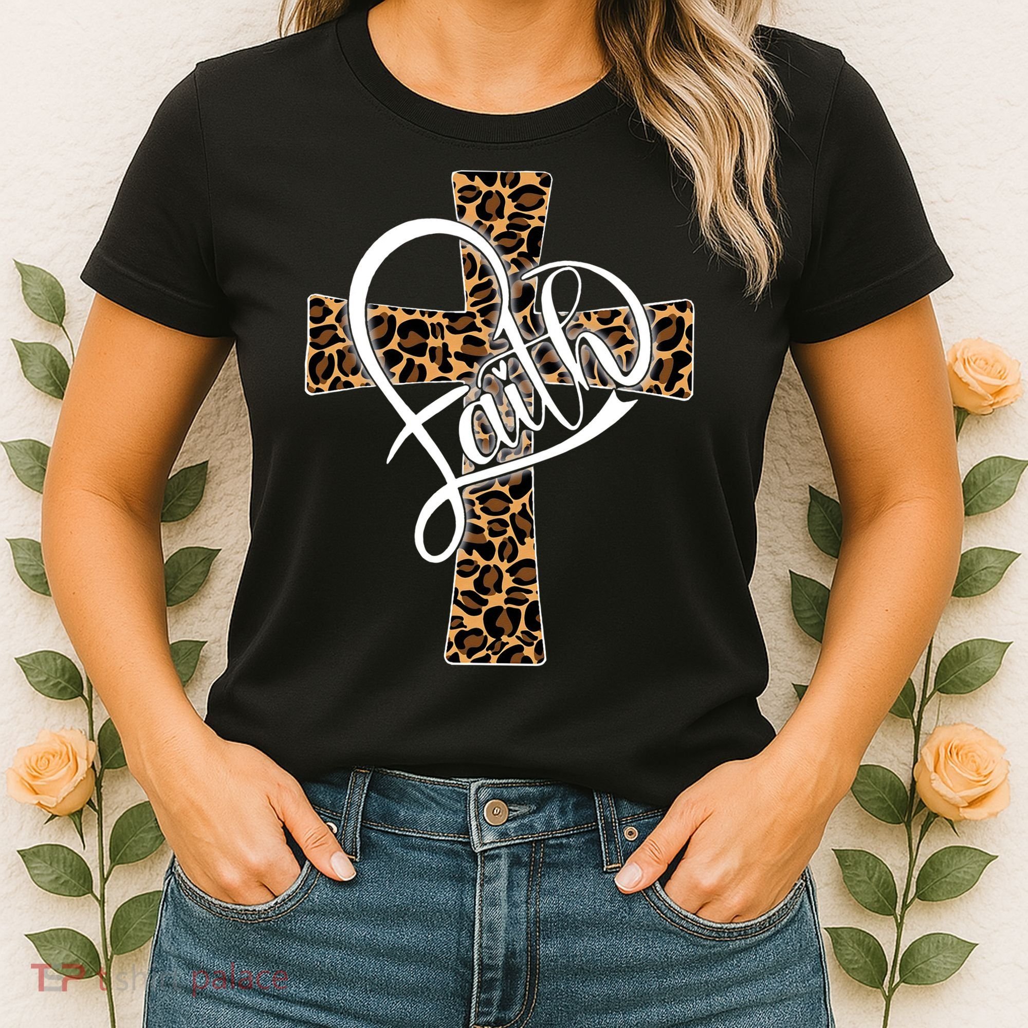 Love In Faith Tees Christian Religious Leopard Cheetah Cross Women's T-Shirt