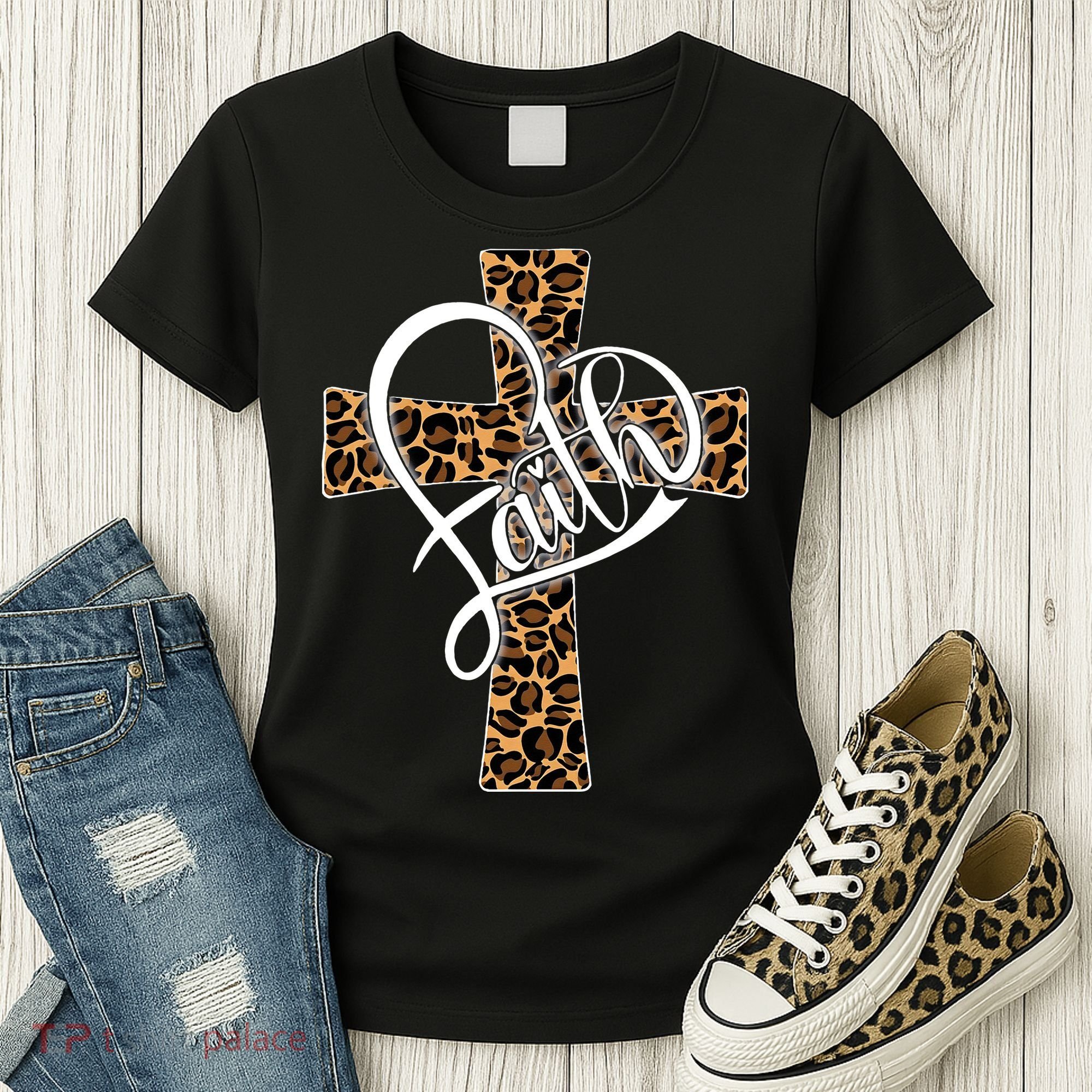 Love In Faith Tees Christian Religious Leopard Cheetah Cross Women's T-Shirt