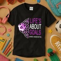 Life's About Goals And Assist Soccer Quote Kids T-Shirt thumb 3