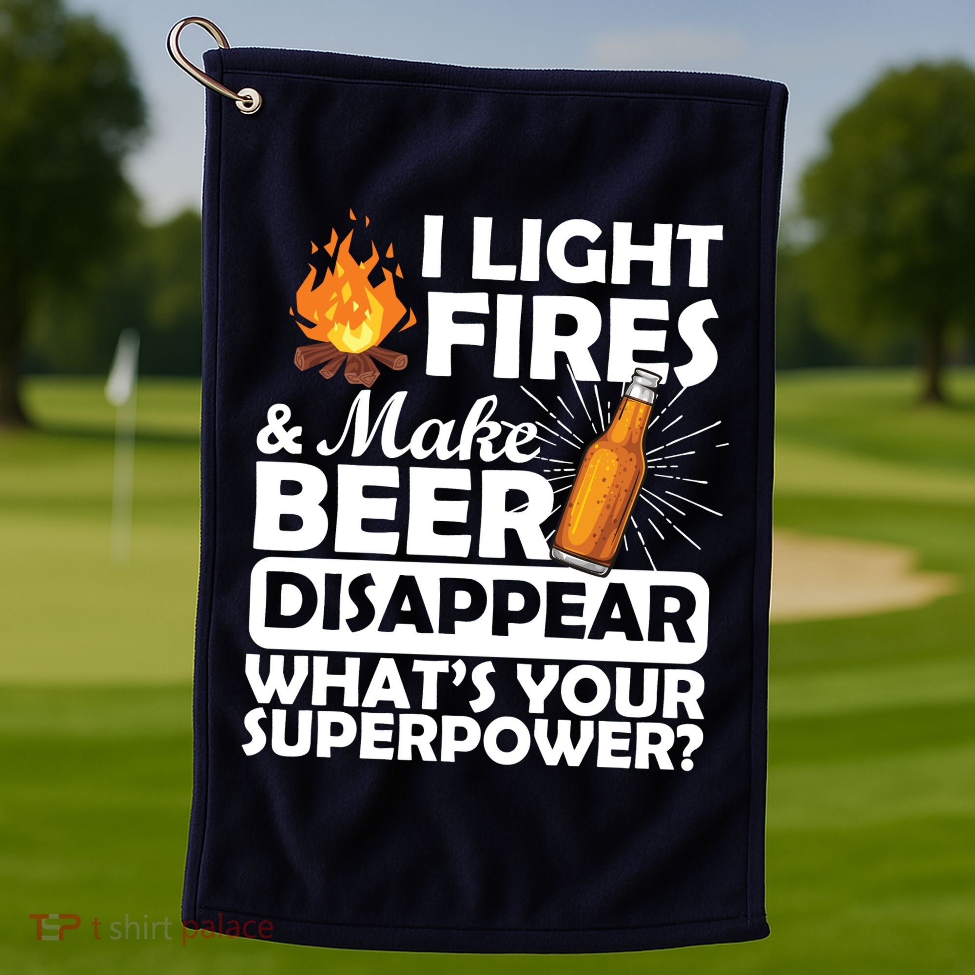 Light Fires Make Beer Disappear Superpower  Golf Towel