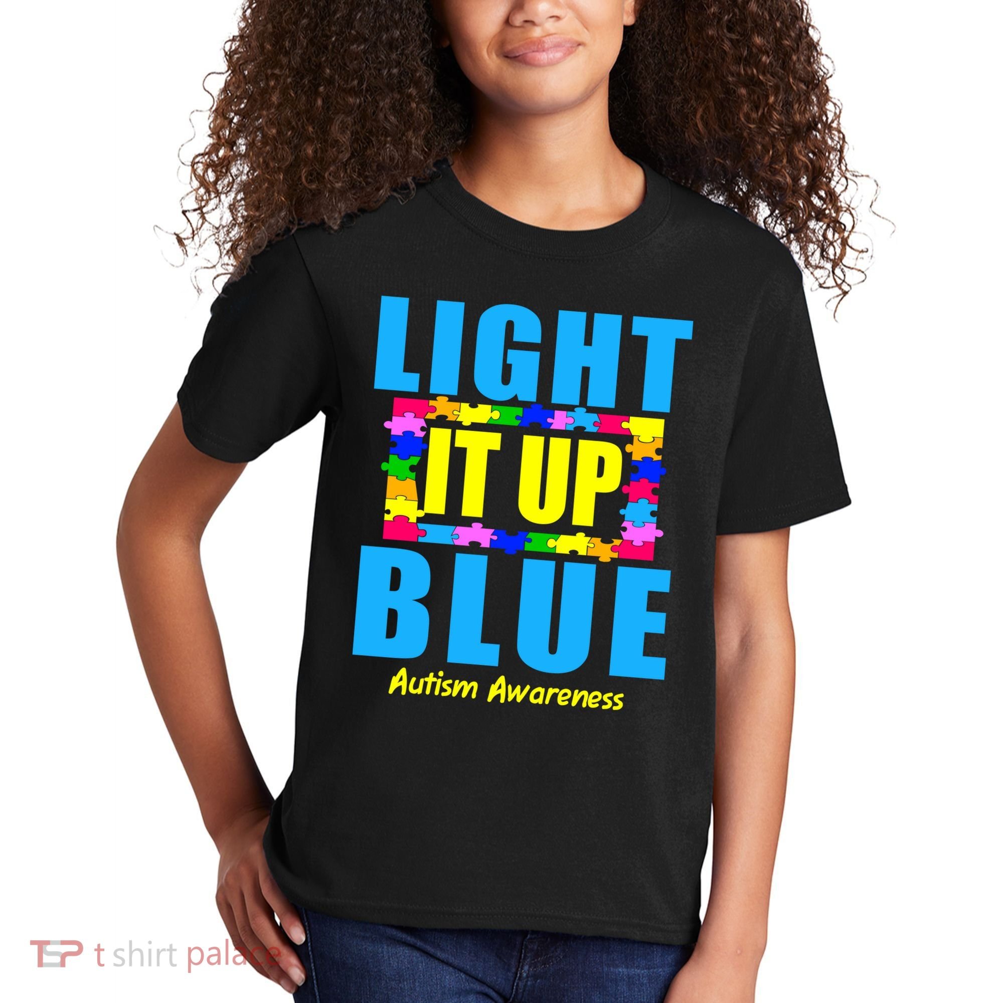 Light It Up Blue Autism Awareness Puzzle Pieces Kids T-Shirt