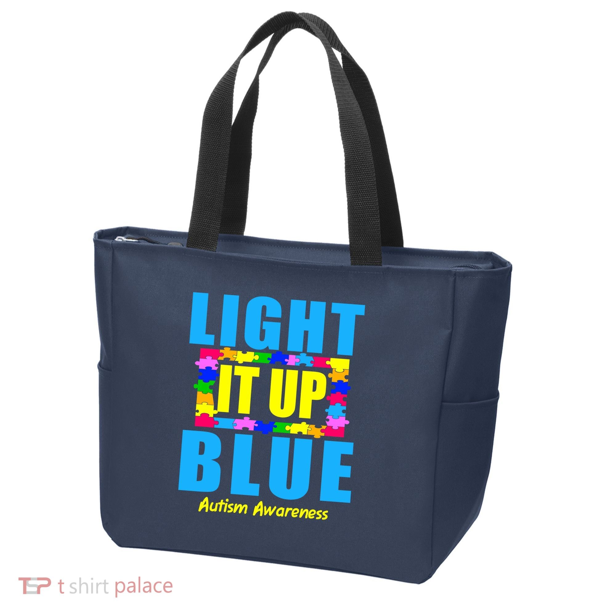 Light It Up Blue Autism Awareness Puzzle Pieces Tote Bag