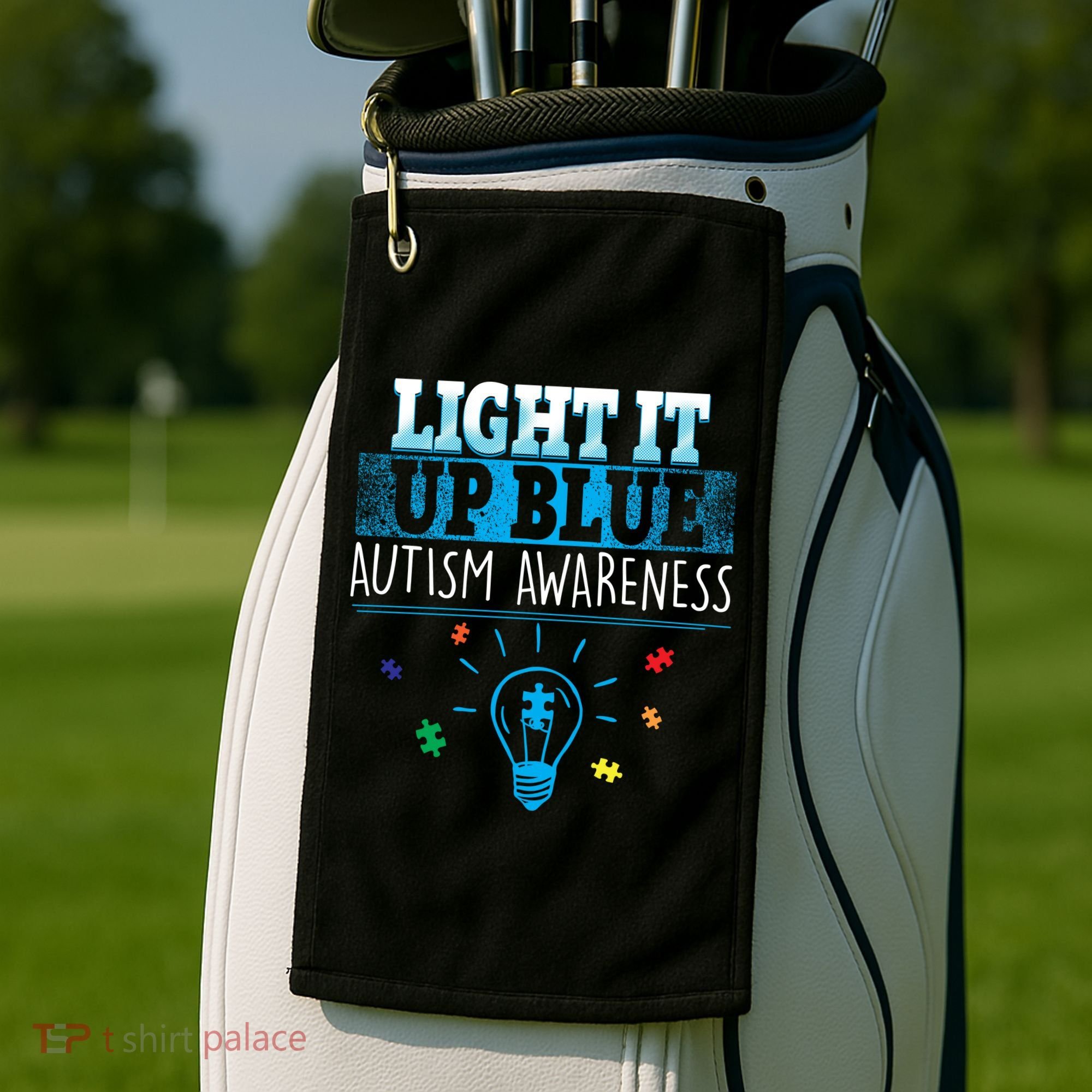 Light It Up Blue Autism Puzzle Bulb Golf Towel
