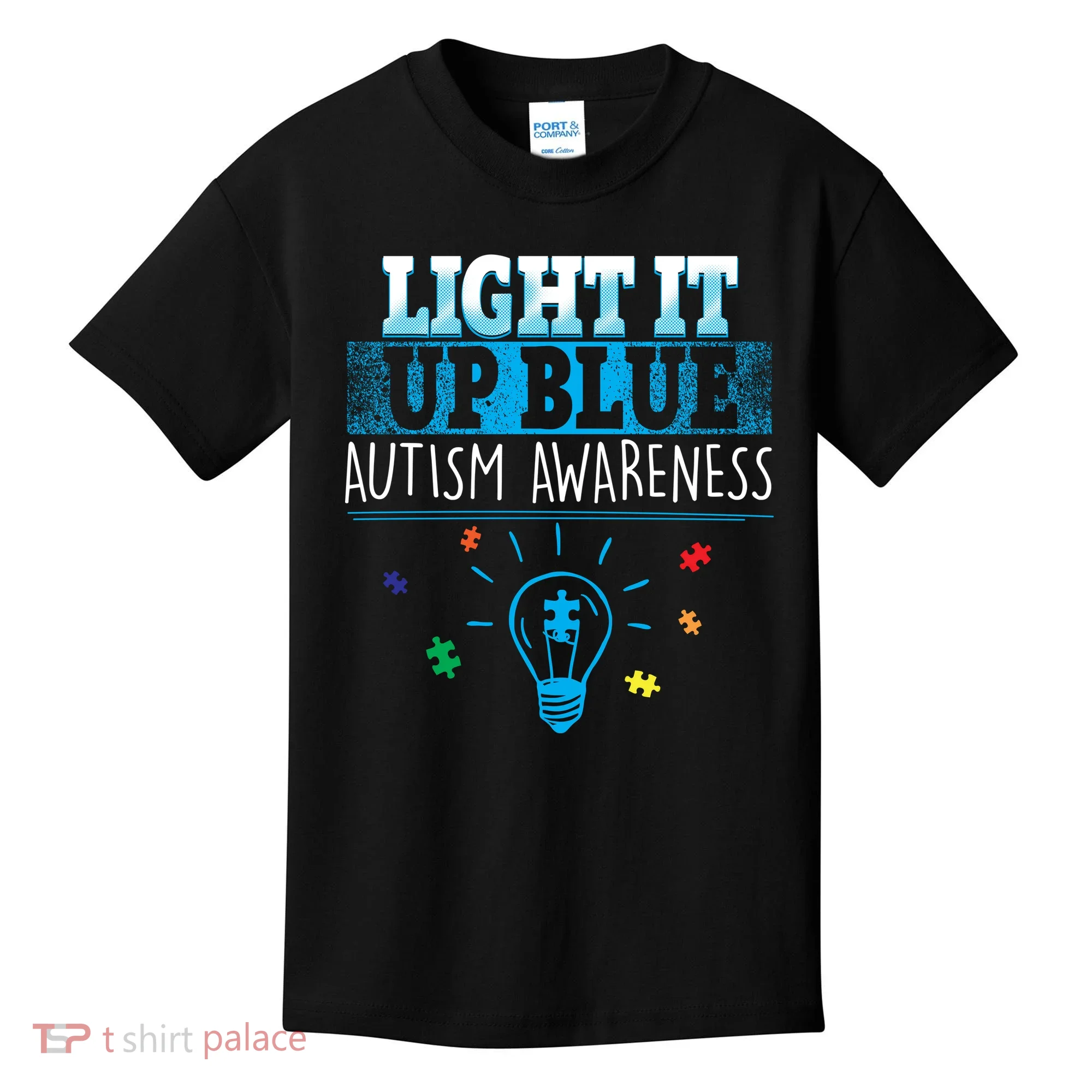Light It Up Blue Autism Puzzle Bulb Kids T-Shirt