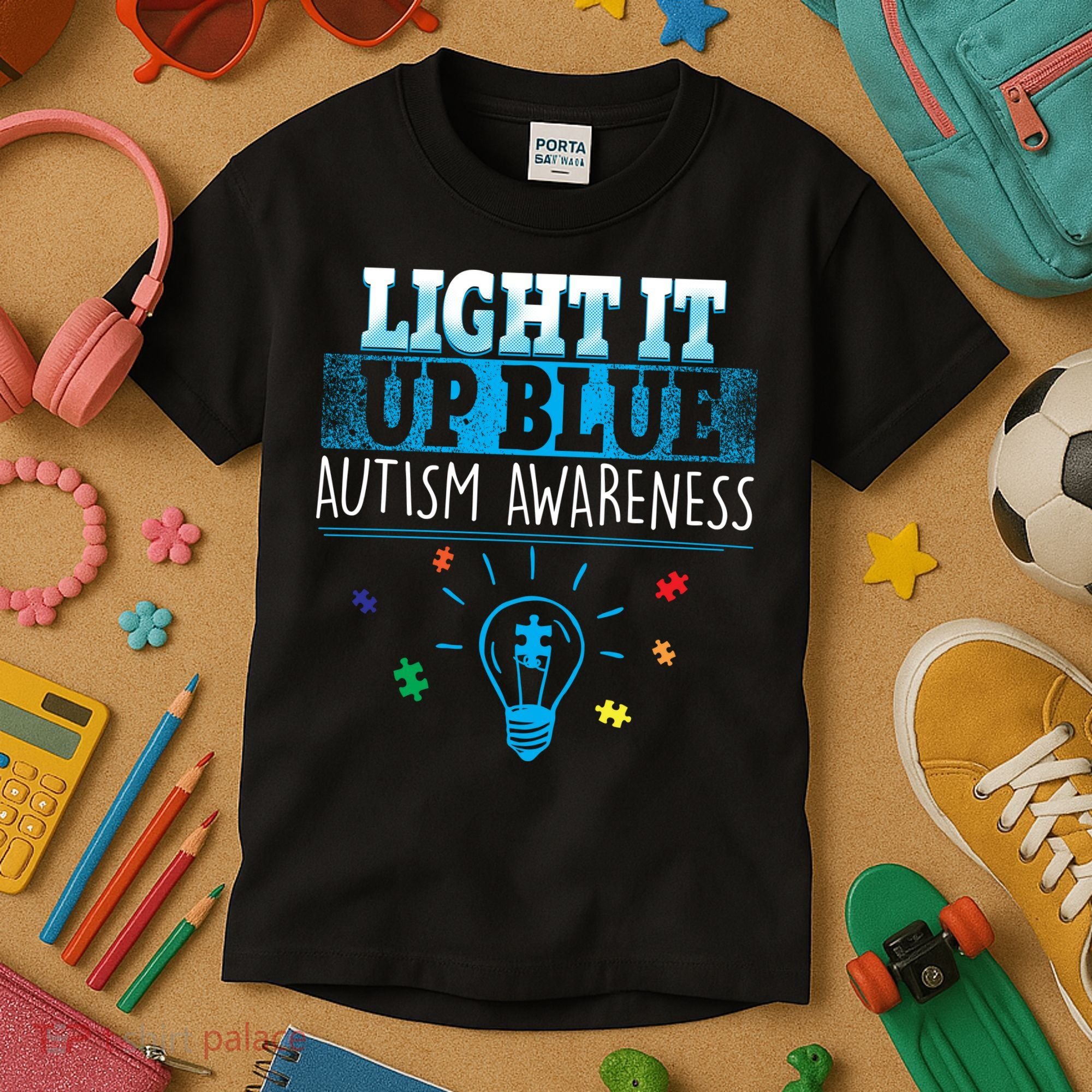 Light It Up Blue Autism Puzzle Bulb Kids T-Shirt