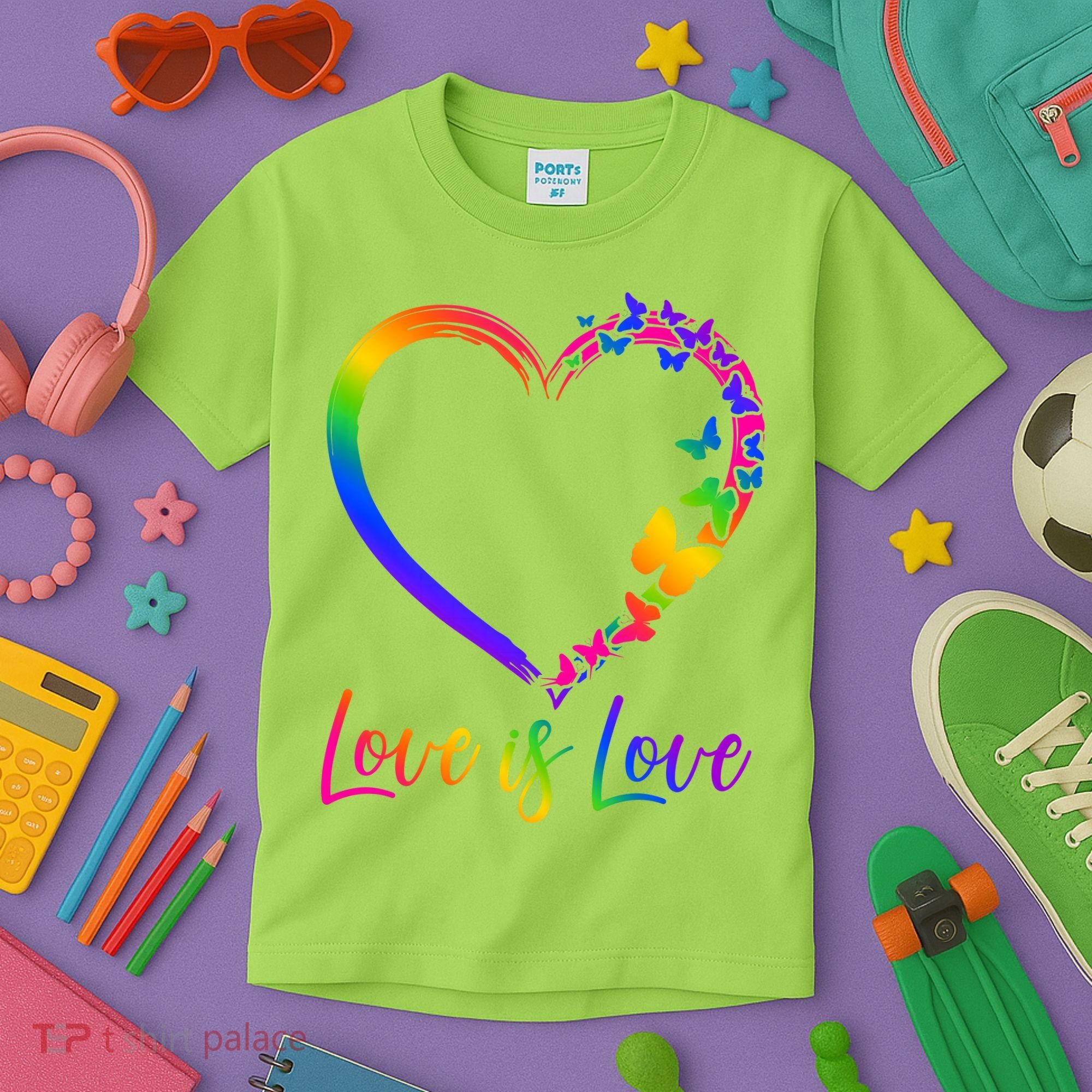 Love Is Love Rainbow Butterfly Heart Kids T-Shirt
