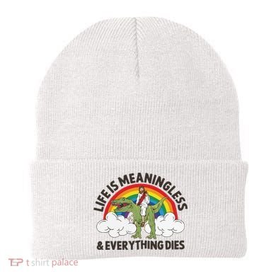 Life Is Meaningless And Everything Dies Jesus Riding Dinosaur Beanie