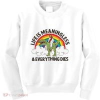 Life Is Meaningless And Everything Dies Jesus Riding Dinosaur Kids Sweatshirt thumb 0