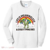 Life Is Meaningless And Everything Dies Jesus Riding Dinosaur Kids Long Sleeve Shirt thumb 0