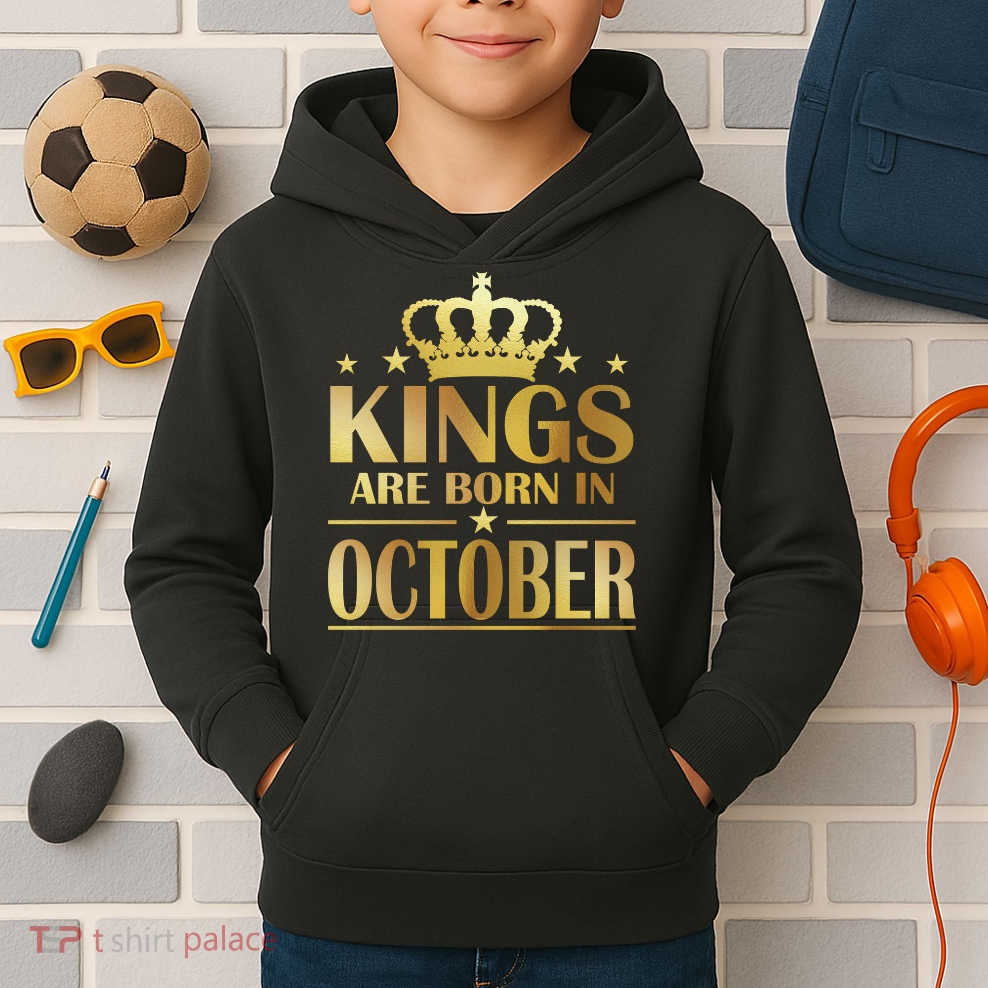 Limited Edition Kings Are Born in October Gold Print Kids Hoodie