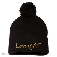 Limited Edition Loving AF Gold Font Pom Pom 12in Knit Beanie thumb 0