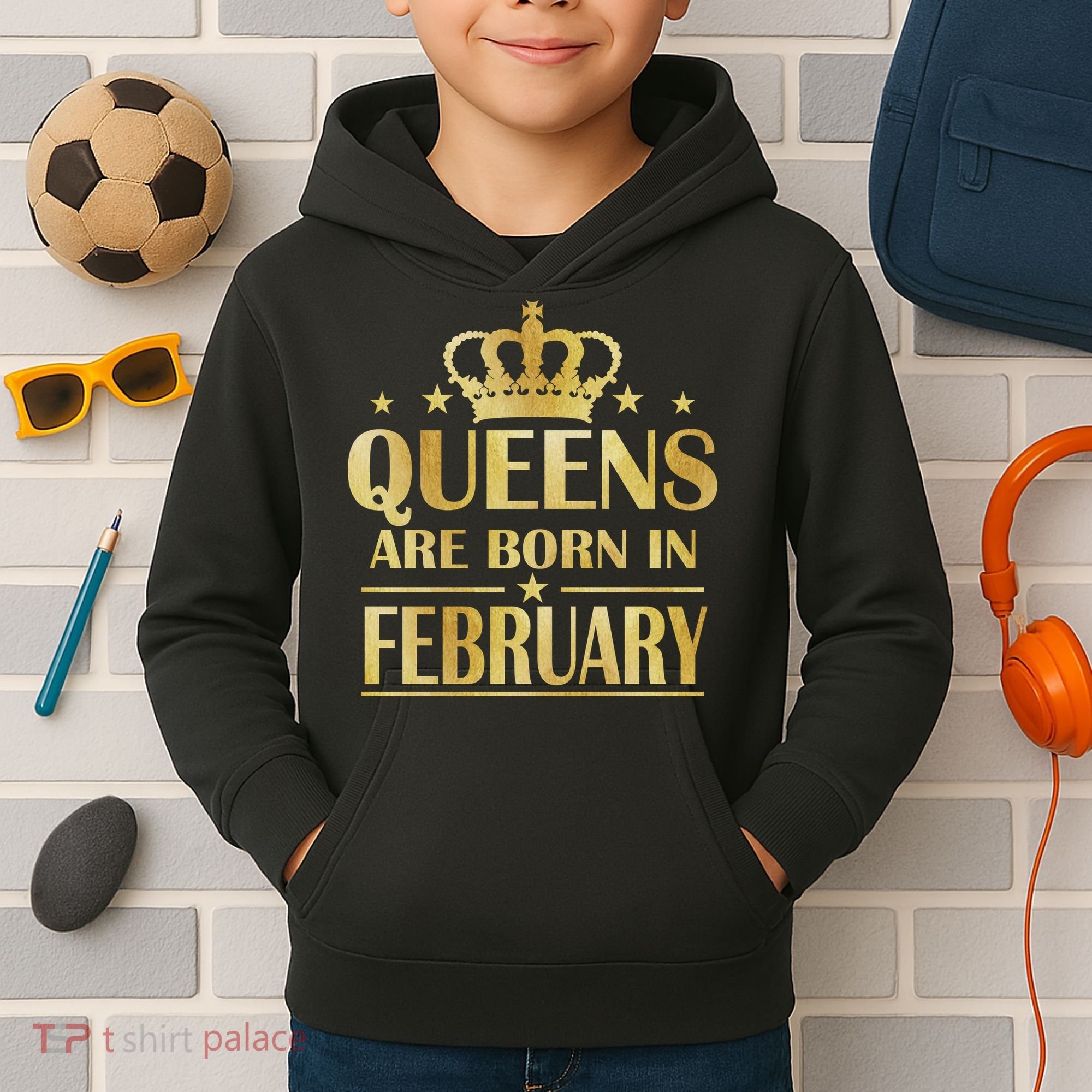 Limited Edition Queens Are Born In February Gold Print Kids Hoodie