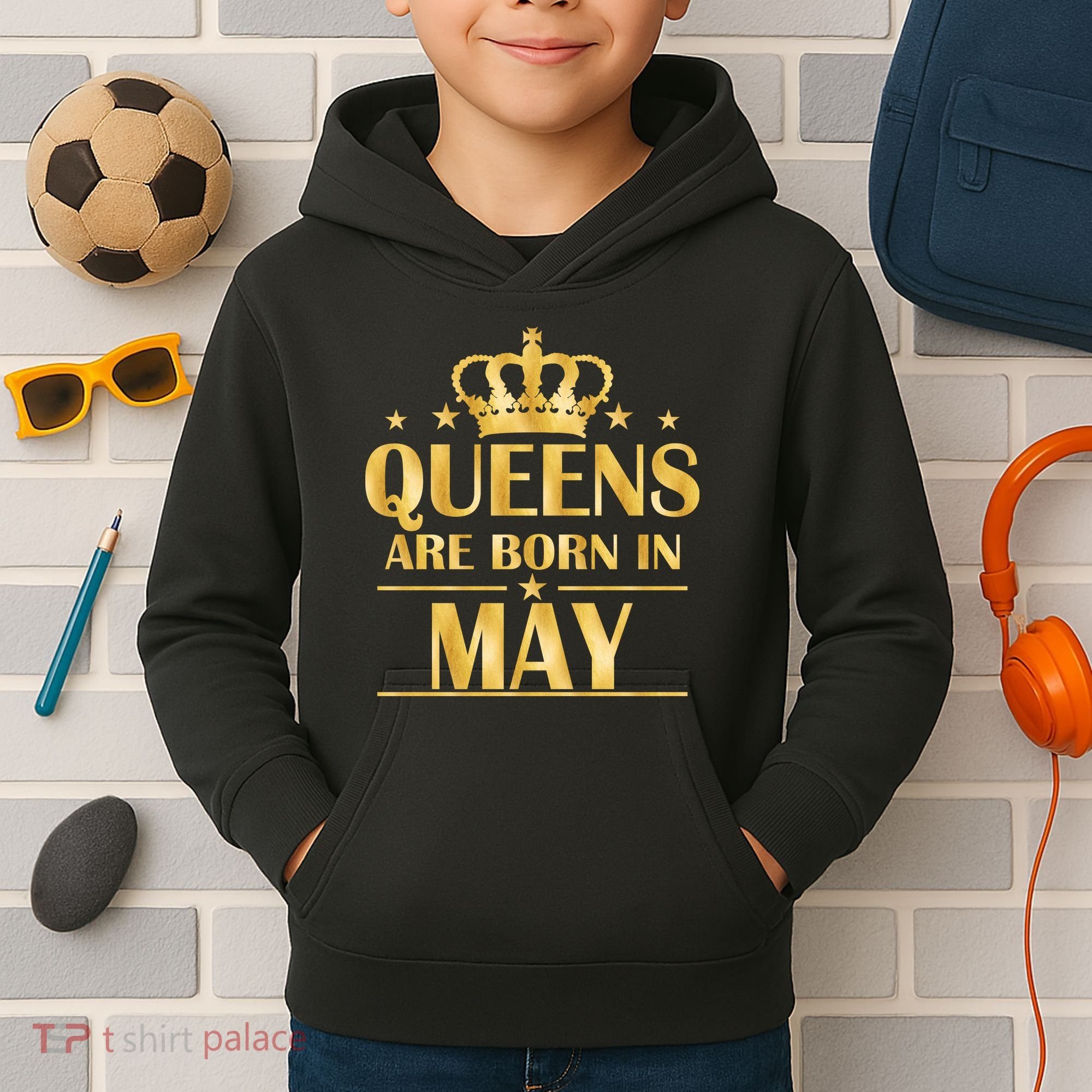Limited Edition Queens Are Born In May Gold Print Kids Hoodie