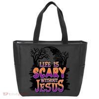 Life Is Scary Without Jesus Christian Halloween Tree Bible Tote Bag thumb 0