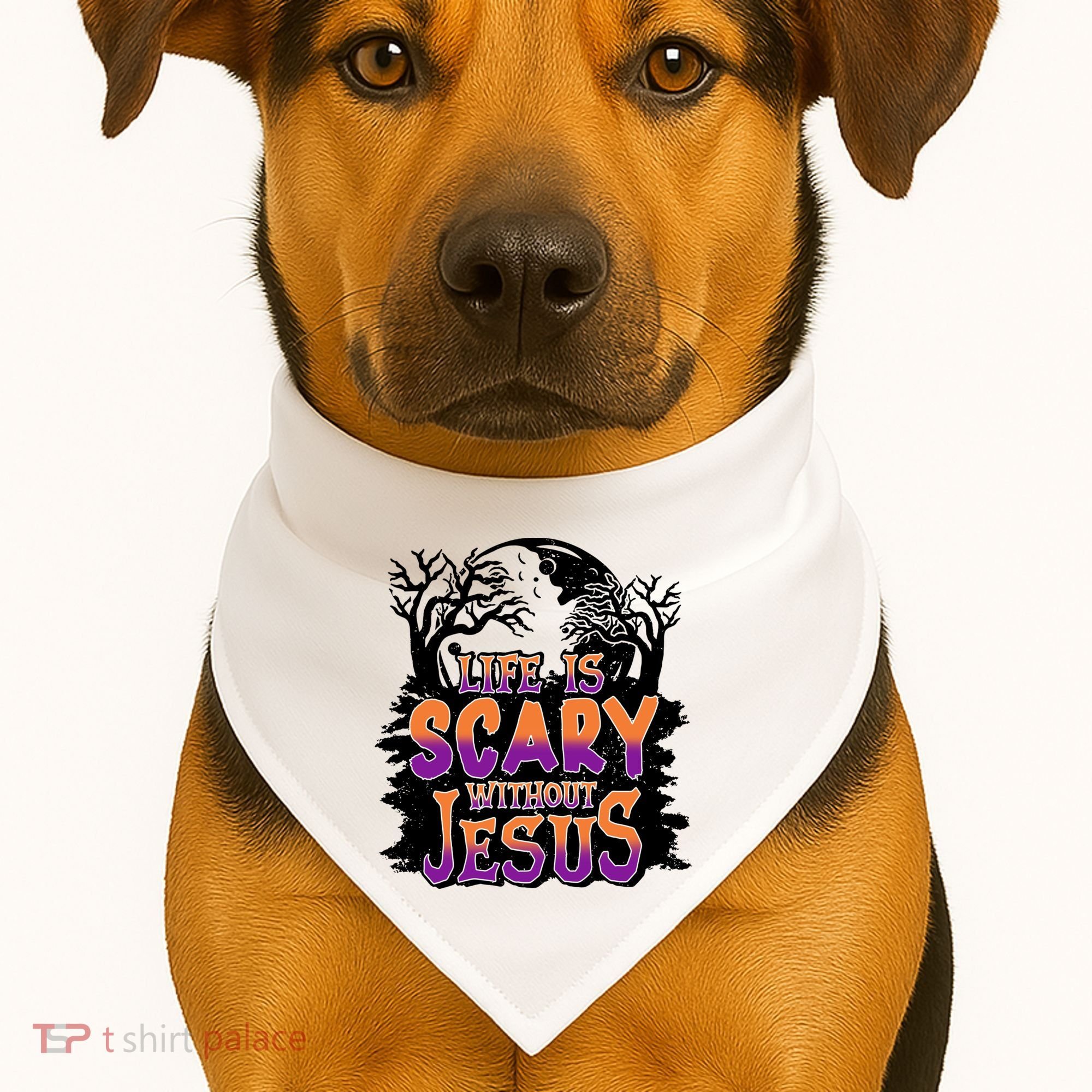 Life Is Scary Without Jesus Christian Halloween Tree Bible USA-Made Doggie Bandana
