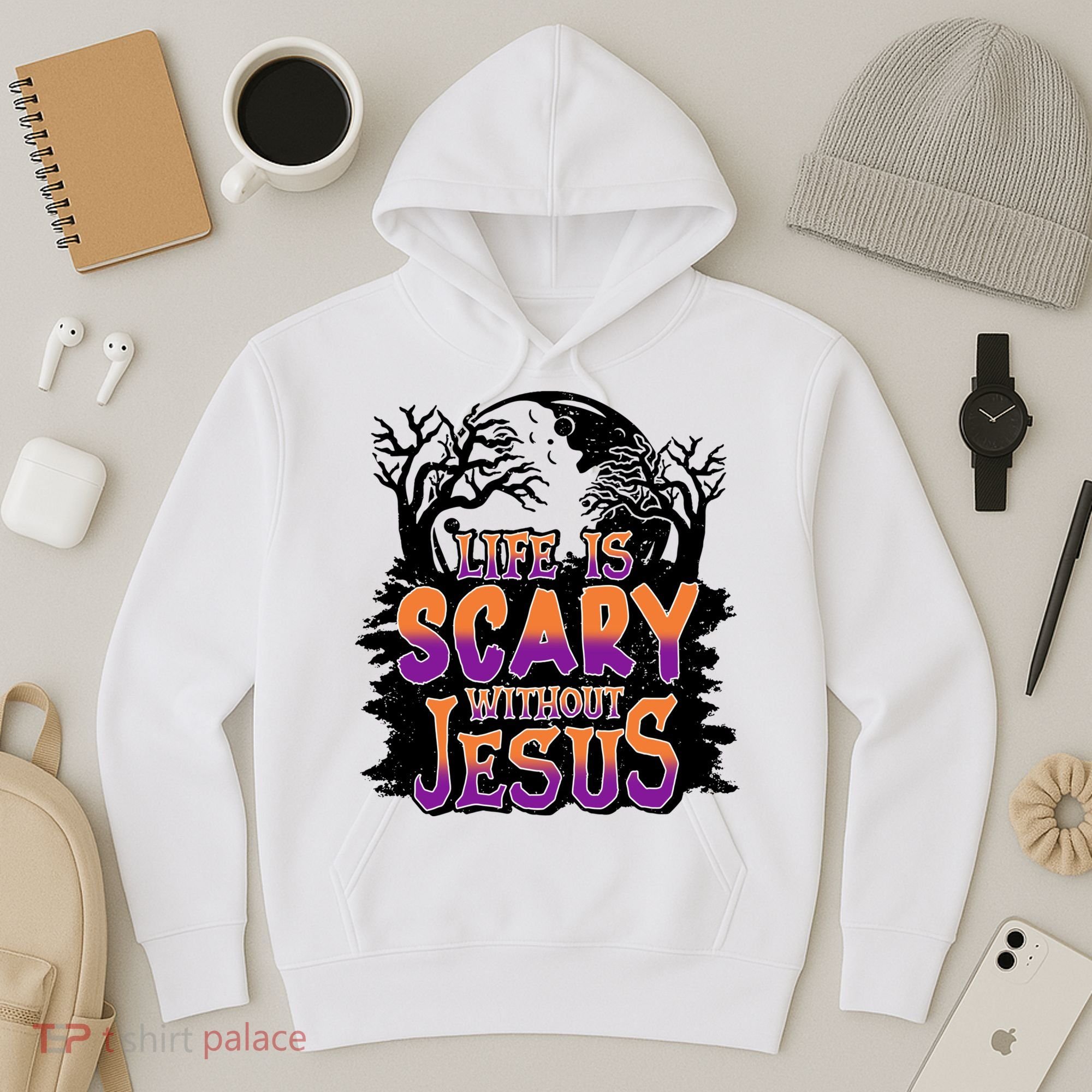 Life Is Scary Without Jesus Christian Halloween Tree Bible Hoodie