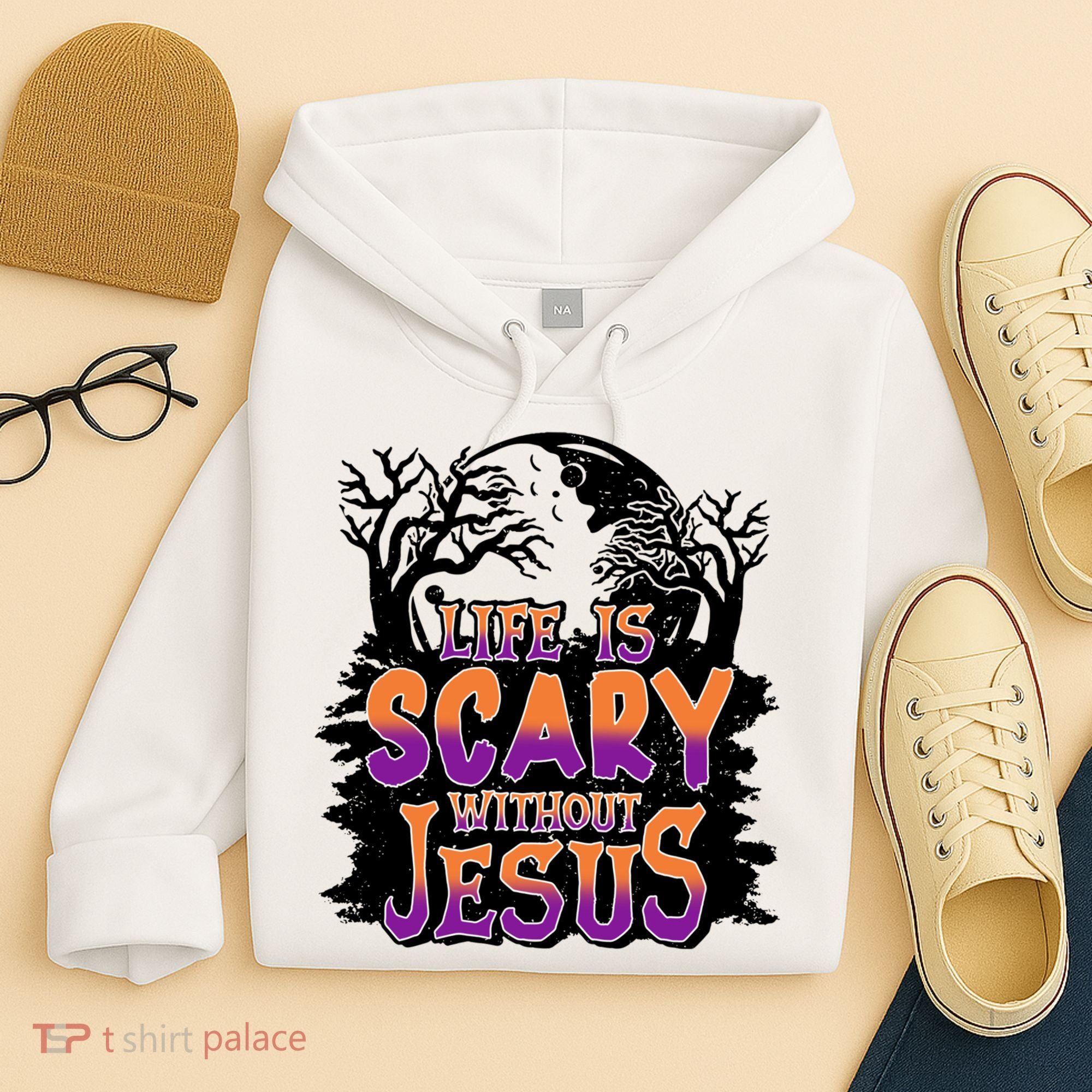 Life Is Scary Without Jesus Christian Halloween Tree Bible Hoodie