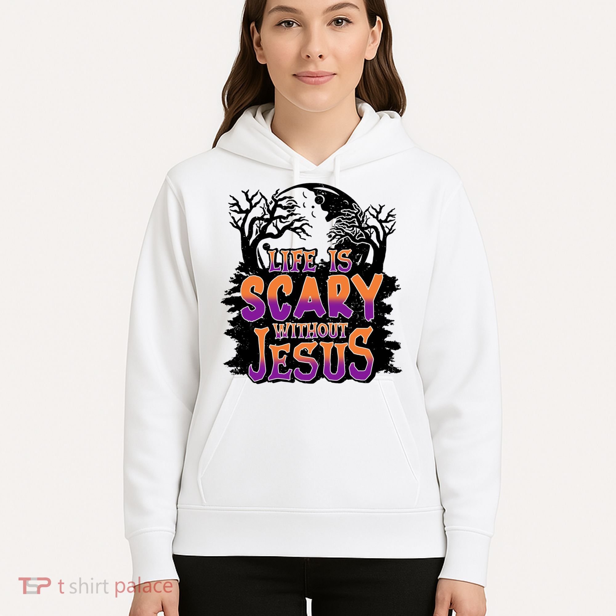 Life Is Scary Without Jesus Christian Halloween Tree Bible Hoodie