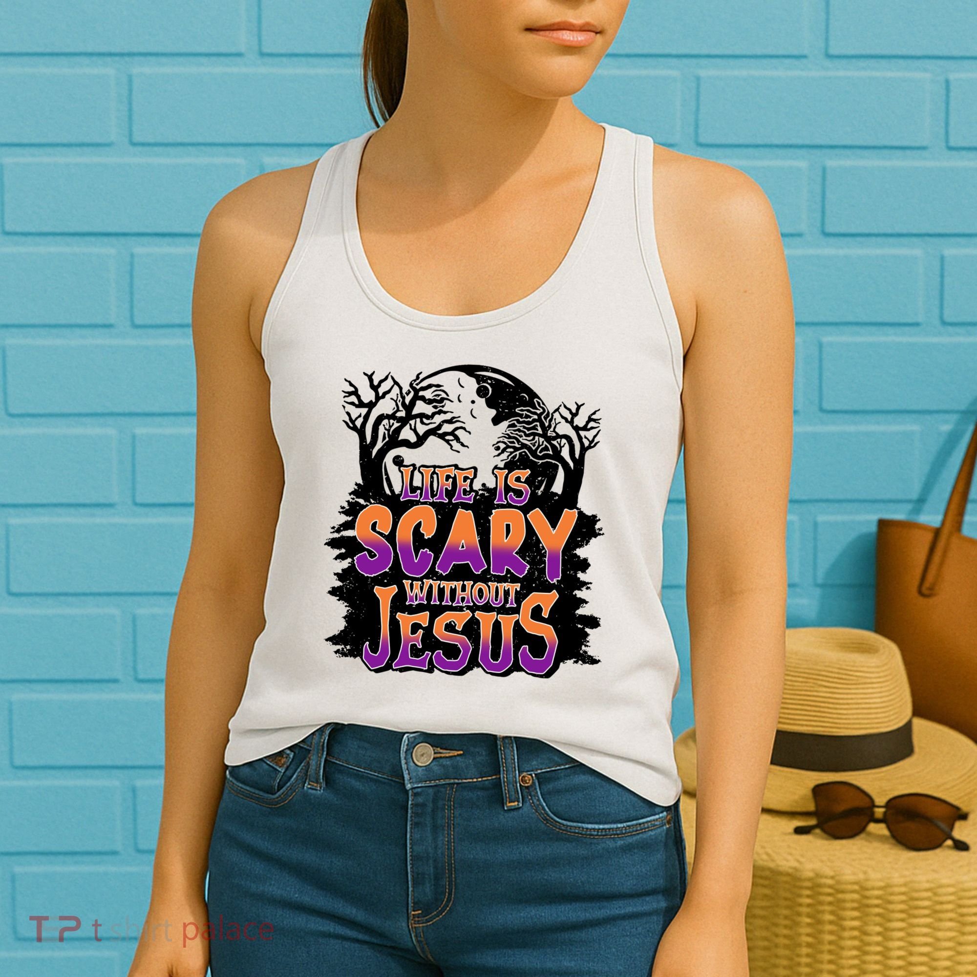 Life Is Scary Without Jesus Christian Halloween Tree Bible Women's Tank Top