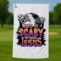 Life Is Scary Without Jesus Christian Halloween Tree Bible Golf Towel thumb 1