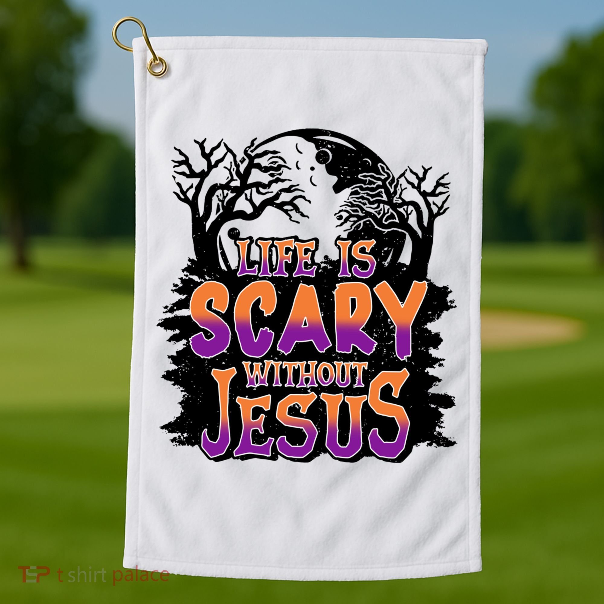 Life Is Scary Without Jesus Christian Halloween Tree Bible Golf Towel