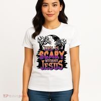 Life Is Scary Without Jesus Christian Halloween Tree Bible Women's T-Shirt thumb 4
