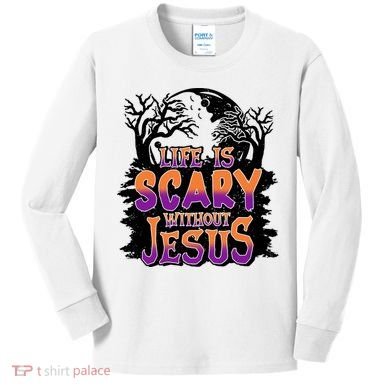 Life Is Scary Without Jesus Christian Halloween Tree Bible Kids Long Sleeve Shirt